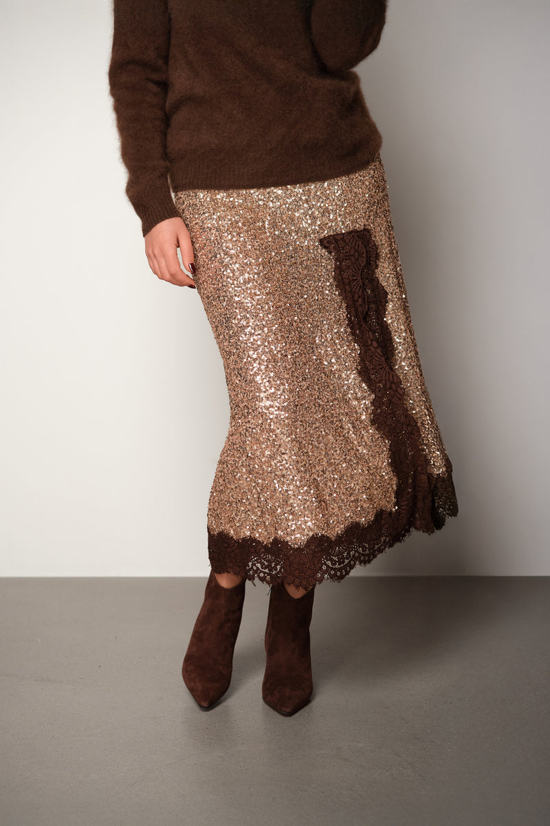 Sequin Midi Skirt with Lace Trim