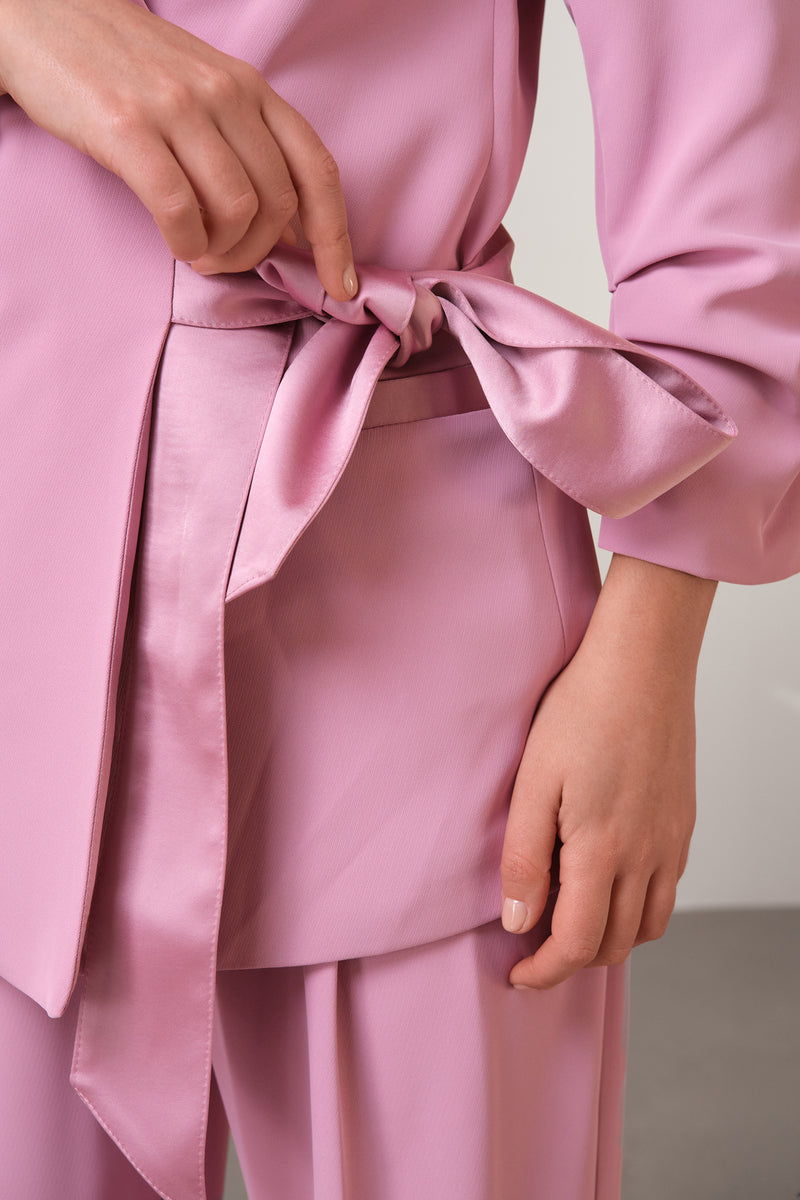 Pink Satin-Lapel Belted Blazer