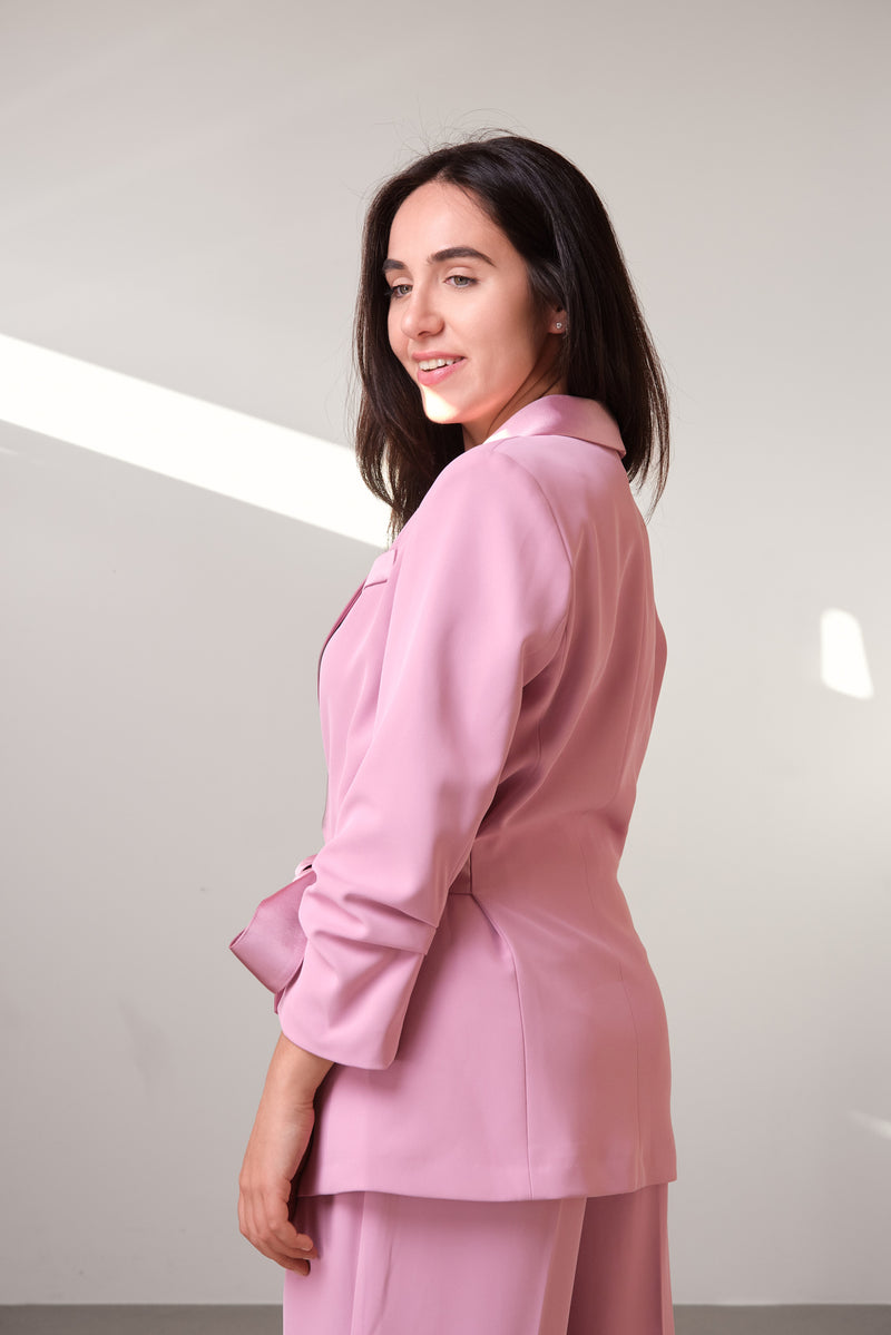 Pink Satin-Lapel Belted Blazer