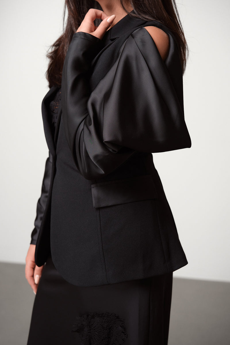 Black Statement Blazer with Draped Sleeves