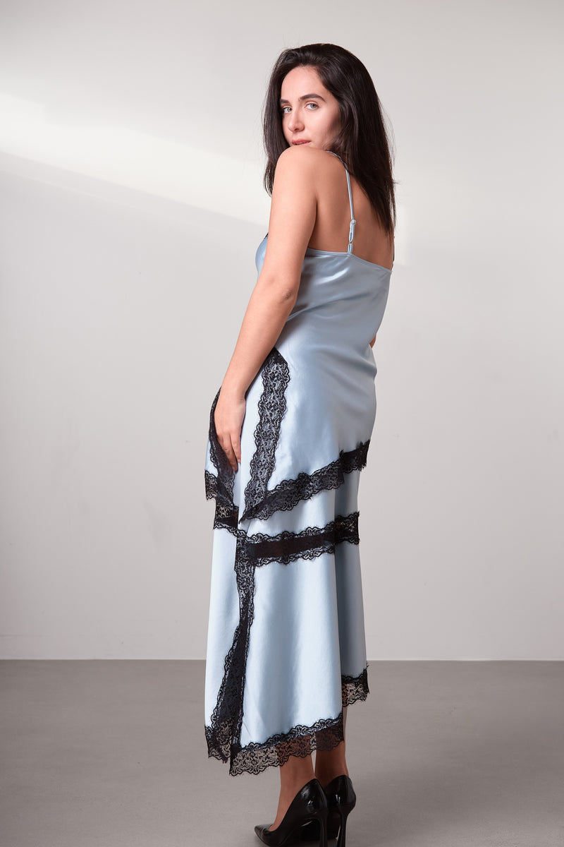 Satin Lace-Detail Midi Skirt