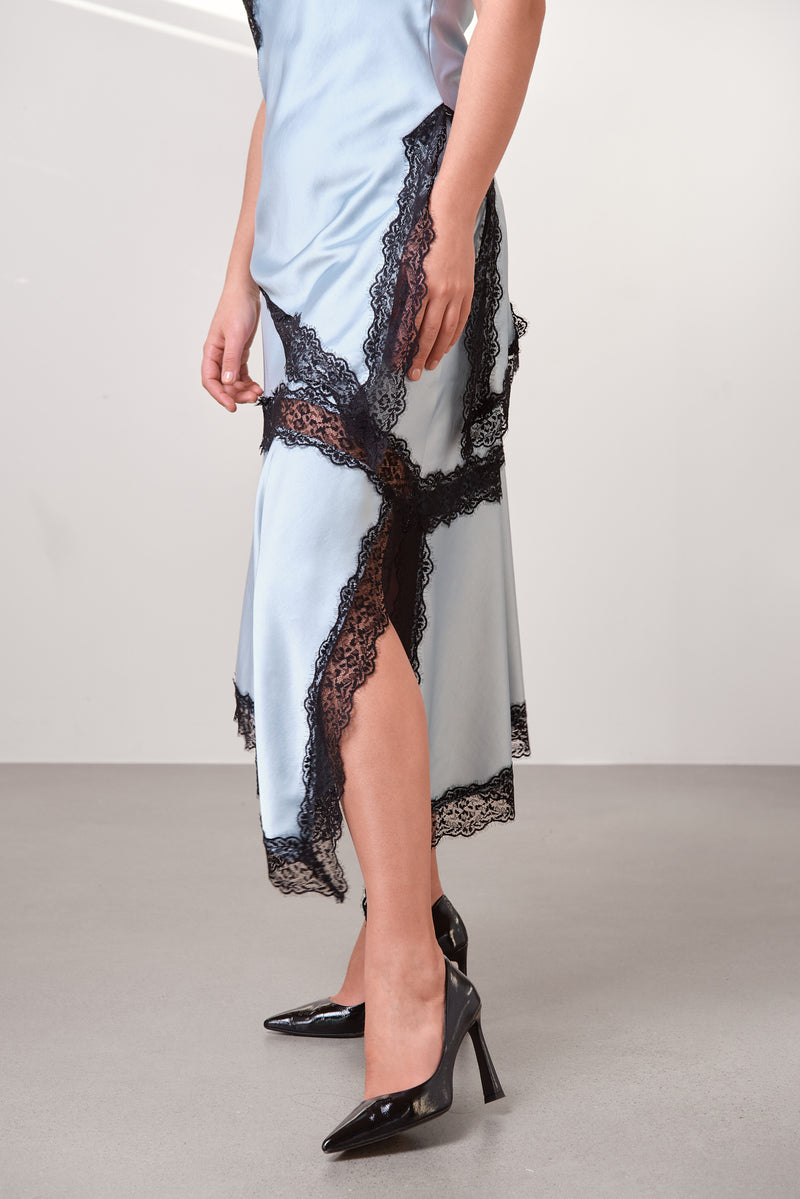 Satin Lace-Detail Midi Skirt