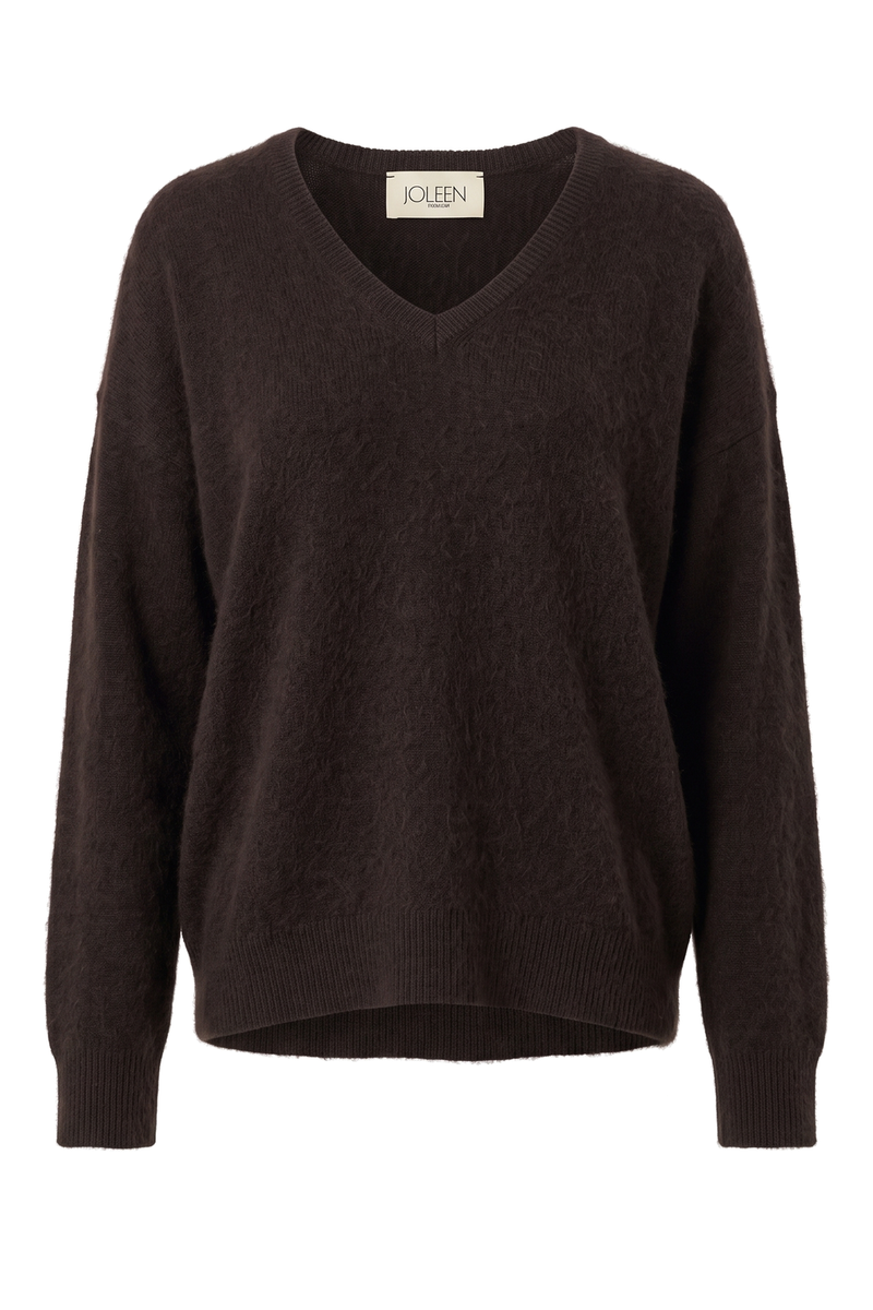 Luxe Wool, Silk & Cashmere V-Neck Sweater Brown