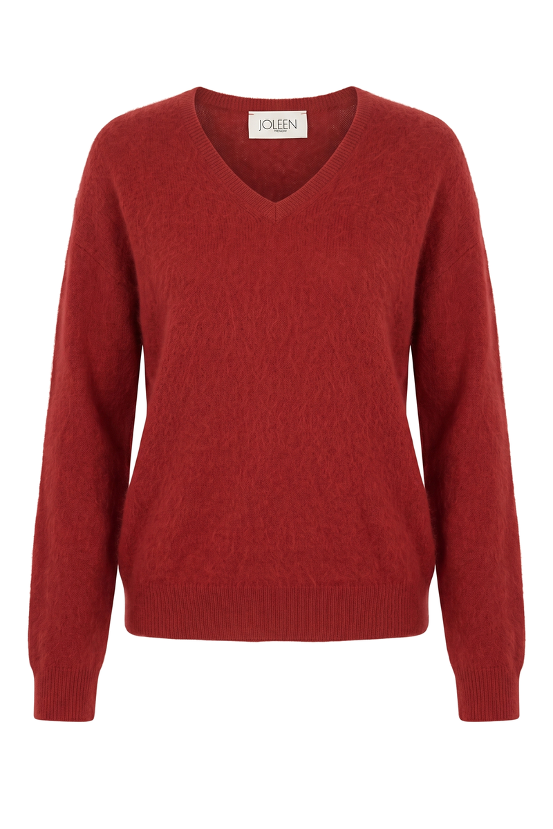Luxe Wool, Silk & Cashmere V-Neck Sweater Red