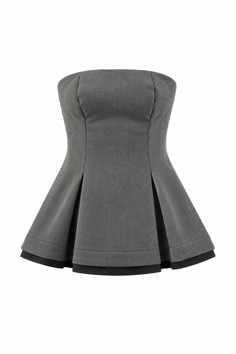 Strapless Contrast-Trim Peplum Top Grey