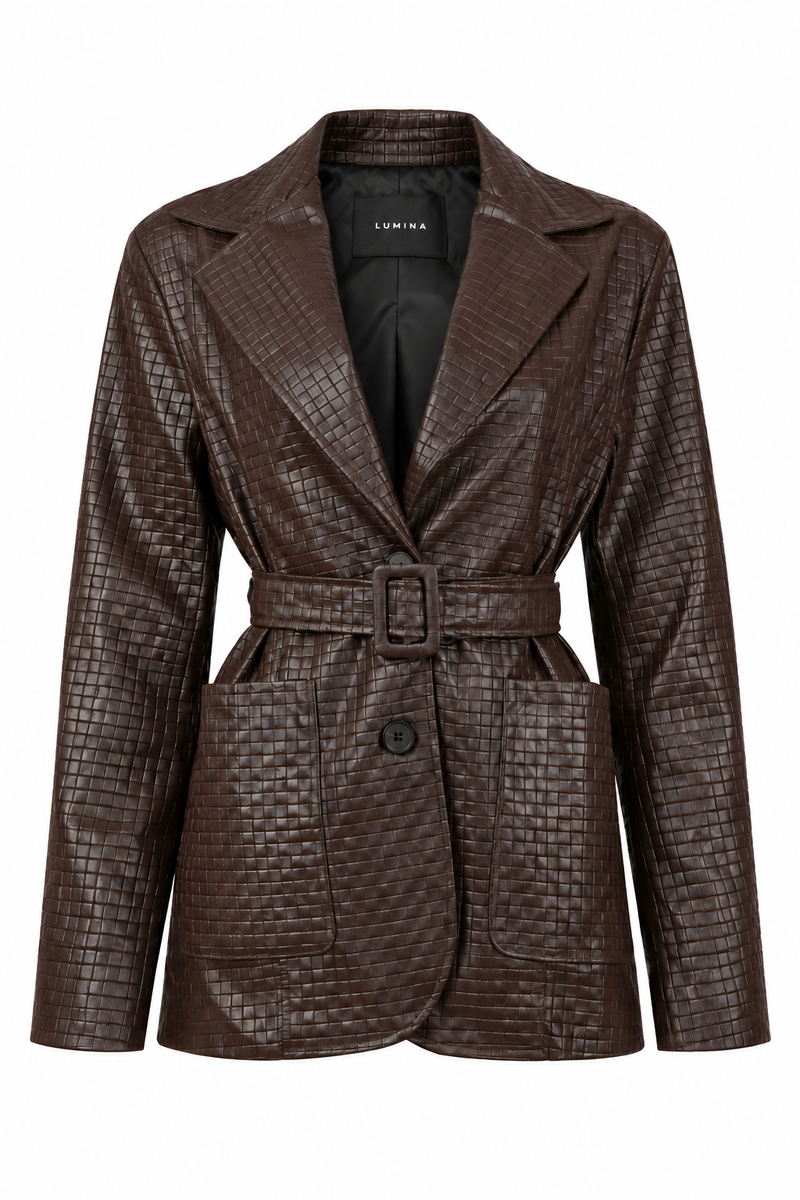 Brown Woven-Texture Belted Blazer