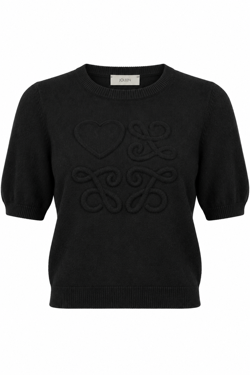 Puff-Sleeve Knit Short-Sleeve Top Black