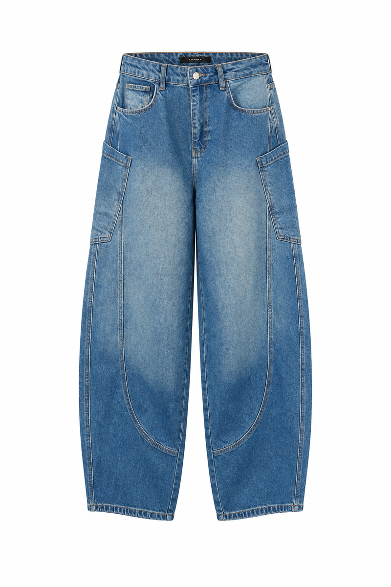 Denim Barrel-Leg Cargo Jeans
