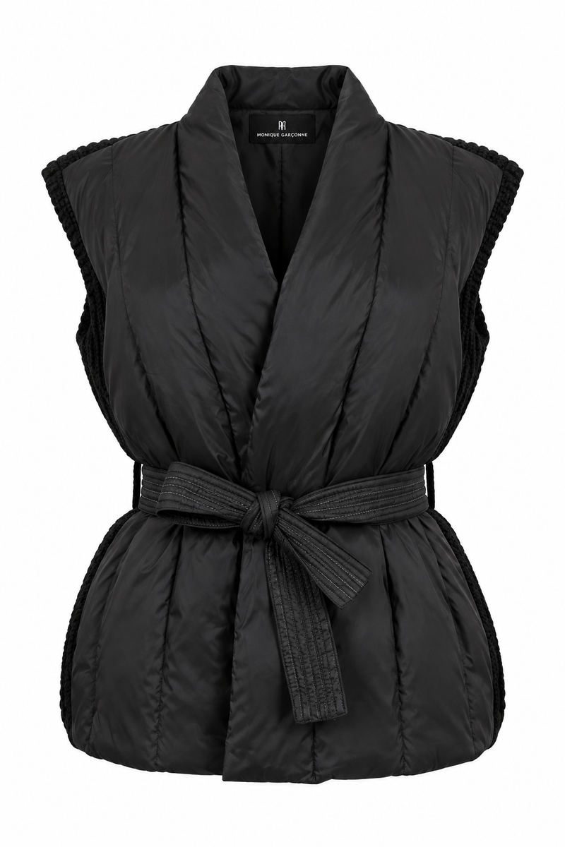 Quilted Knit-Back Belted Vest