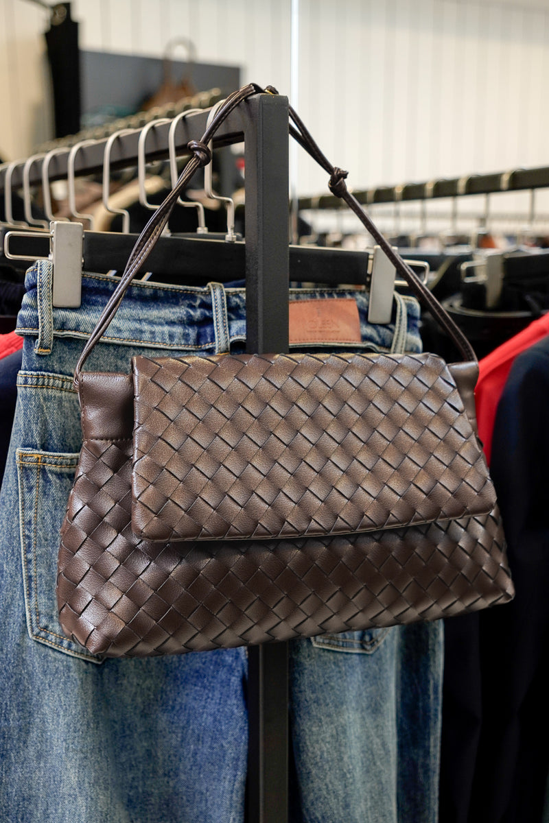 Brown Woven Leather Flap Shoulder Bag