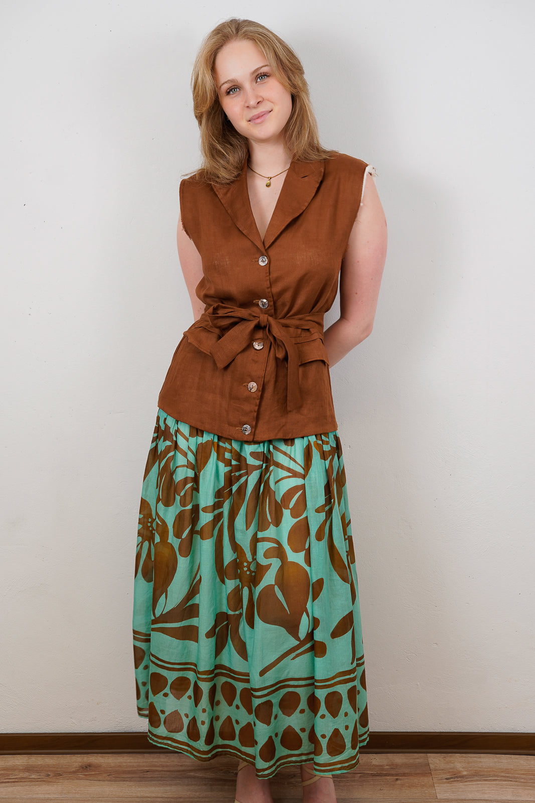 Brown Sleeveless Dress with Aqua Printed Skirt