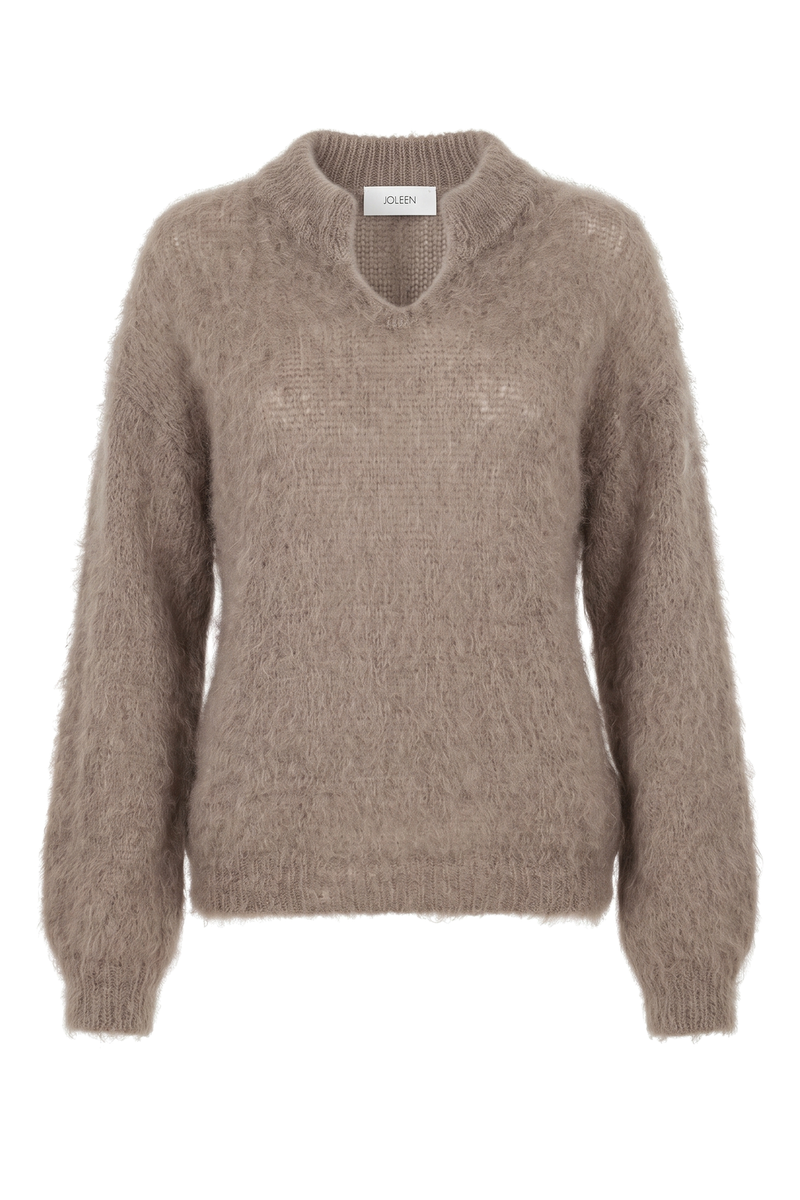 Fluffy Mohair Notch-Neck Sweater Brown