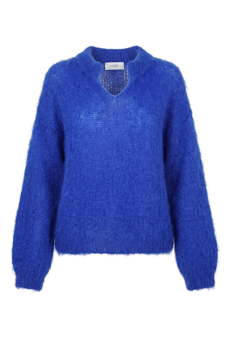 Fluffy Mohair Notch-Neck Sweater Blue