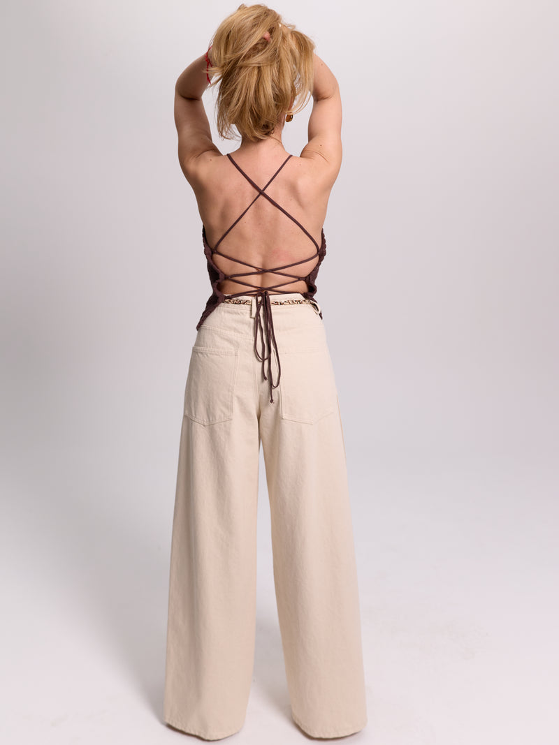 Wide-Leg Slit-Hem Jeans With Braided Tie