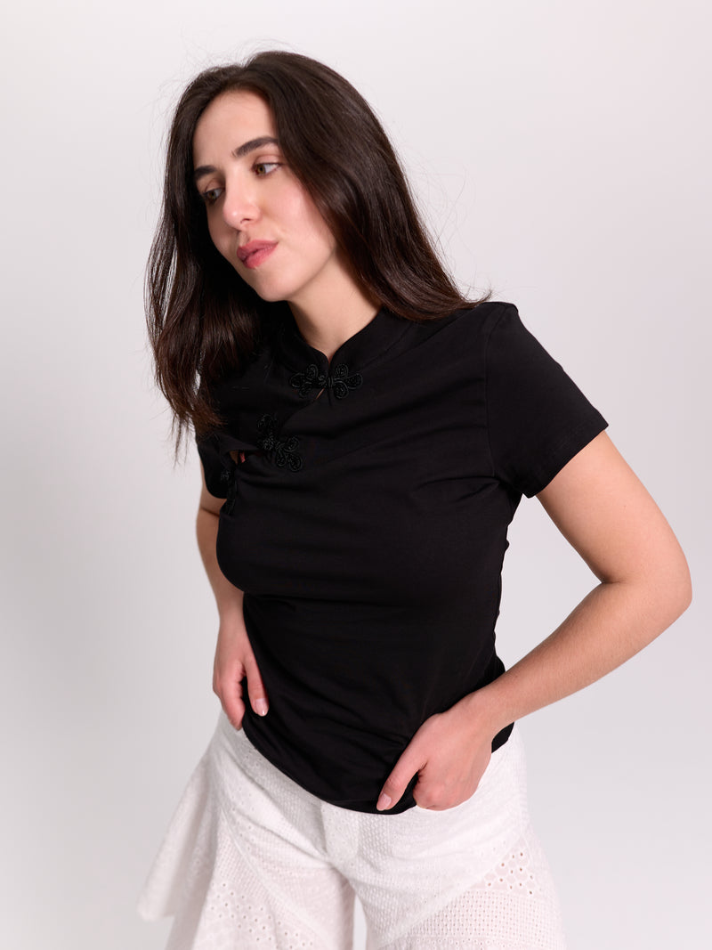 Frog-Button Mandarin Collar Top Black