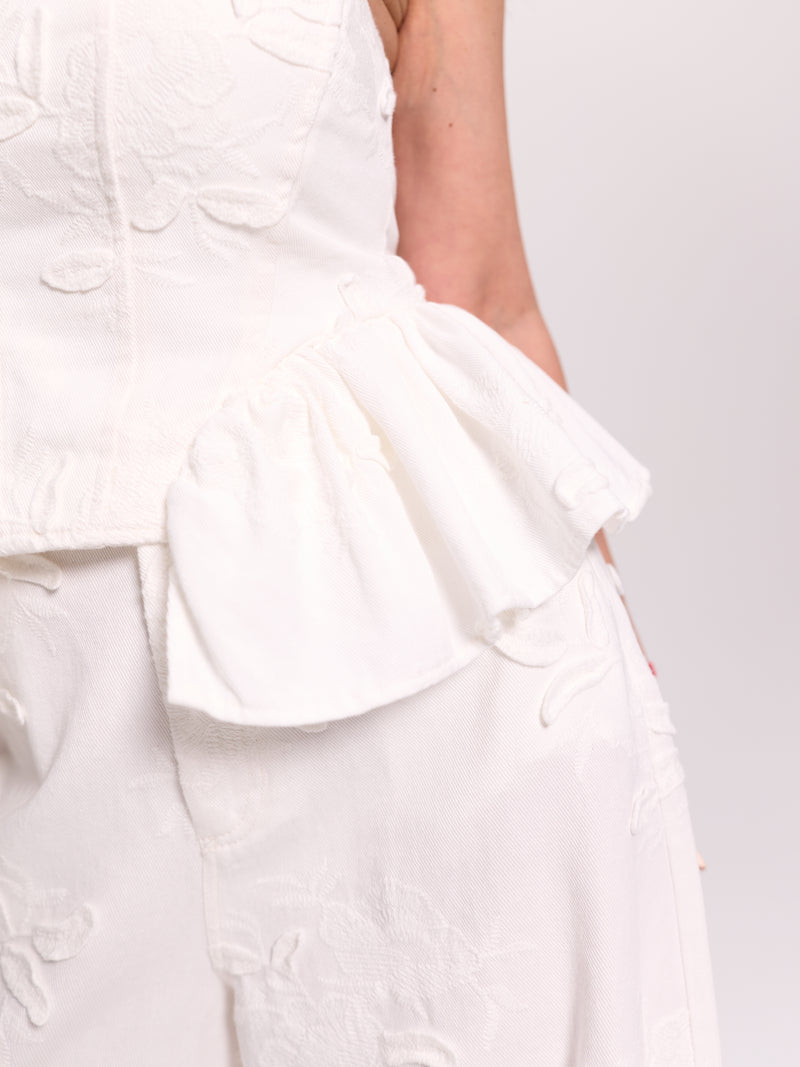 White Floral Jacquard Peplum Top