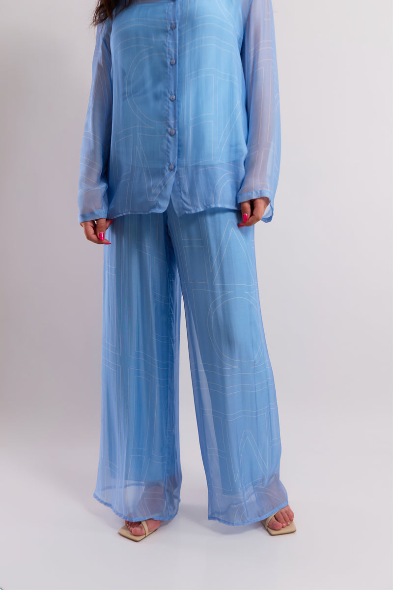 Baby Blue Sheer Graphic-Print Wide-Leg Trousers