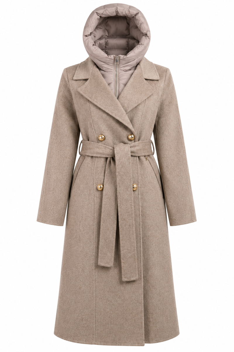Taupe Double-Breasted Belted Coat