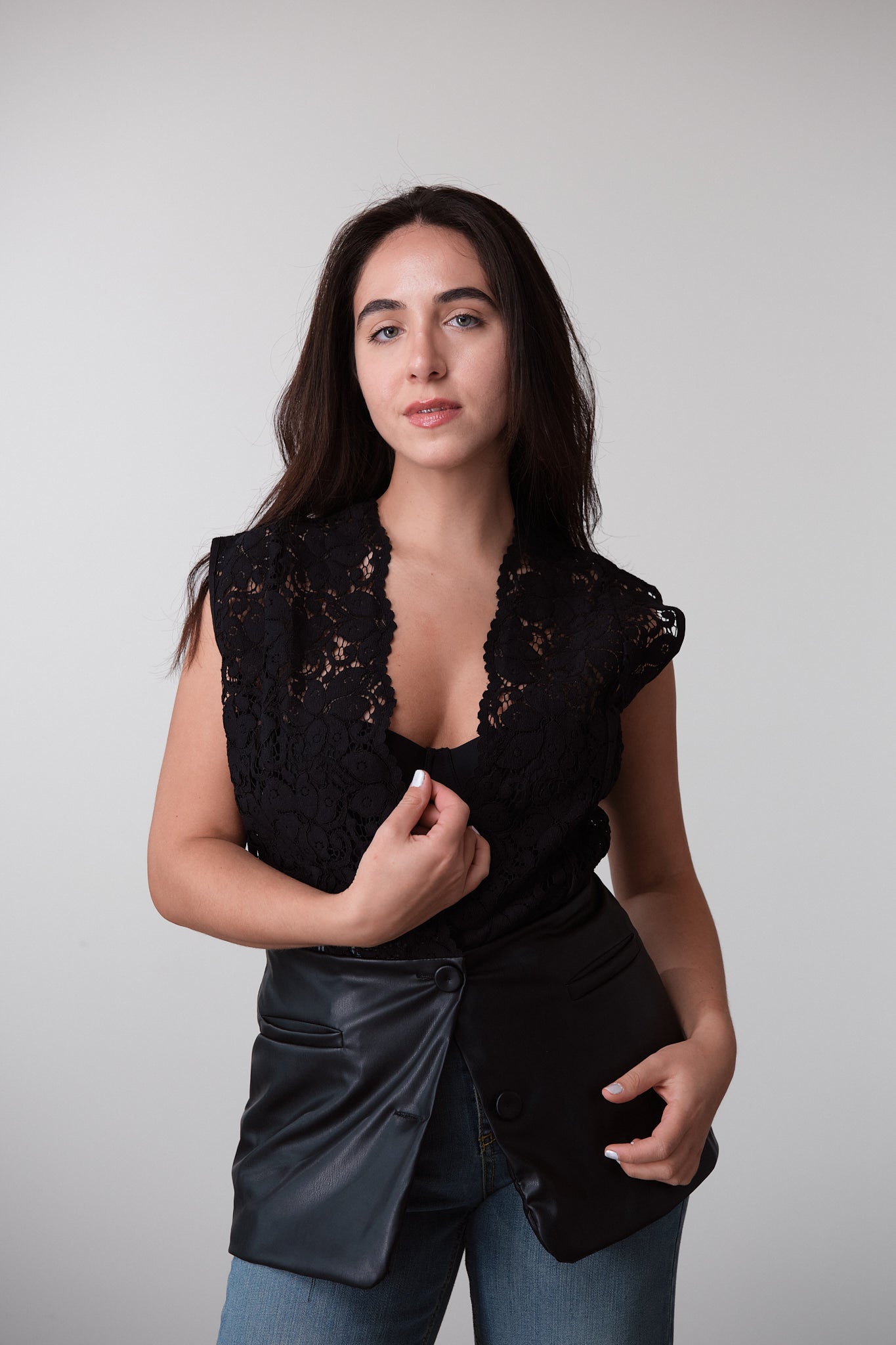 Lace & Faux-Leather Panel Top