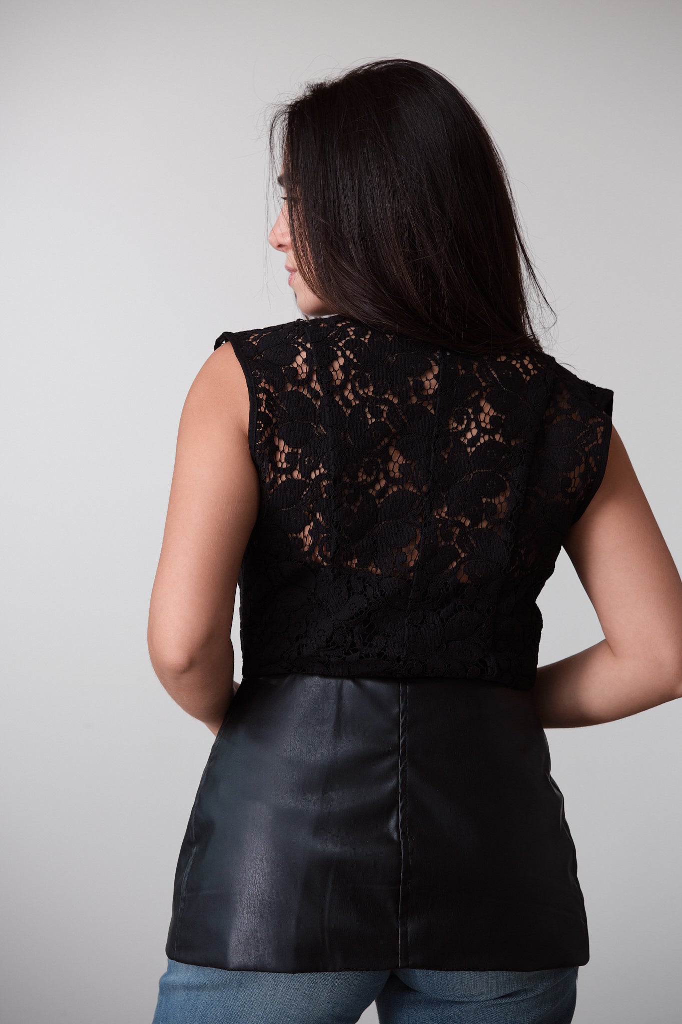 Lace & Faux-Leather Panel Top