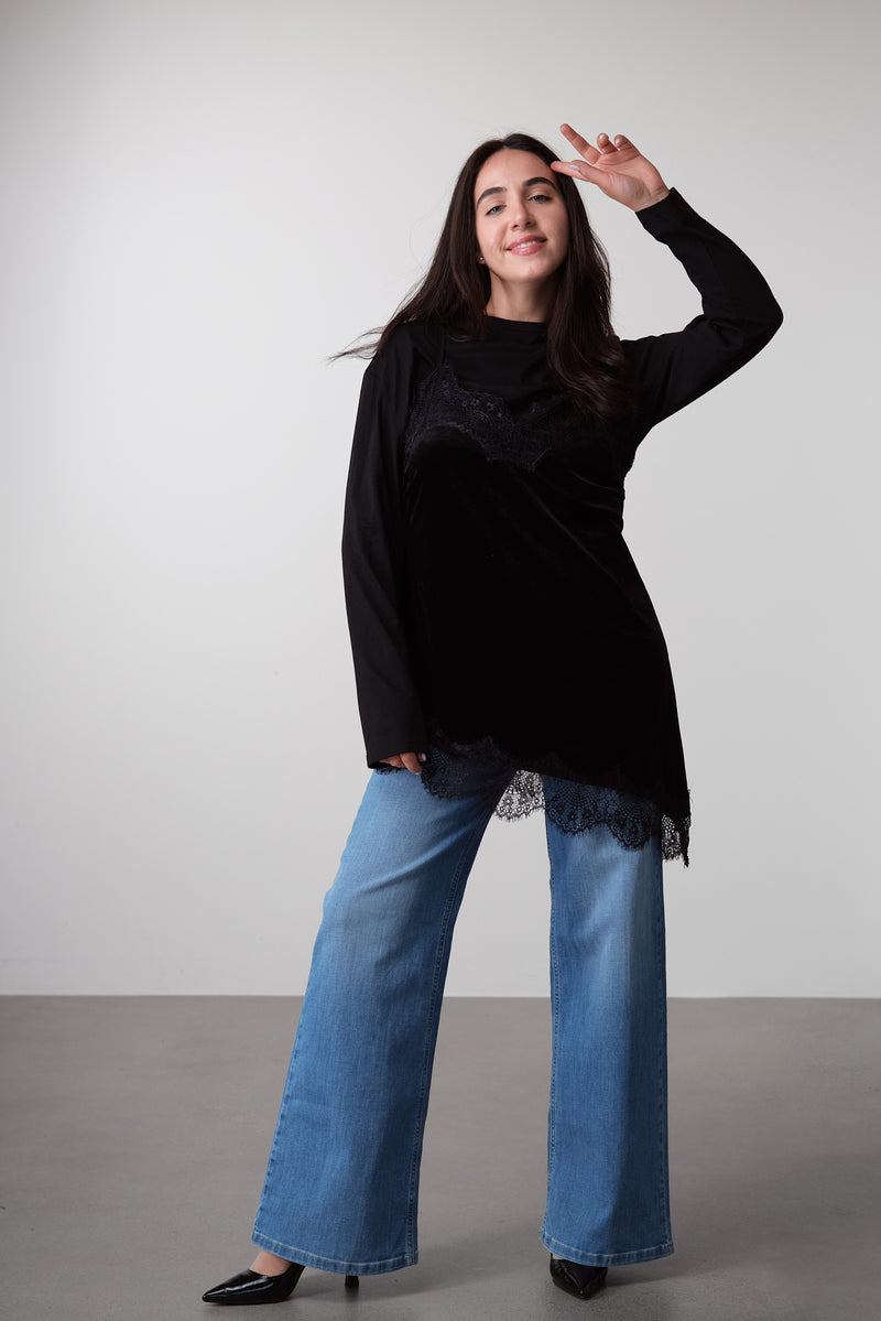 Layered Lace Tank & Long-Sleeve Top Set Black