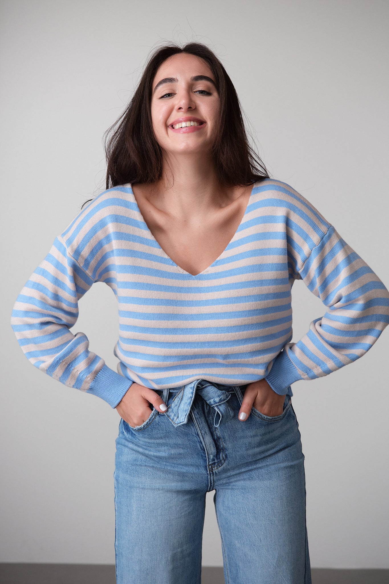 Striped V-Neck Knit Sweater