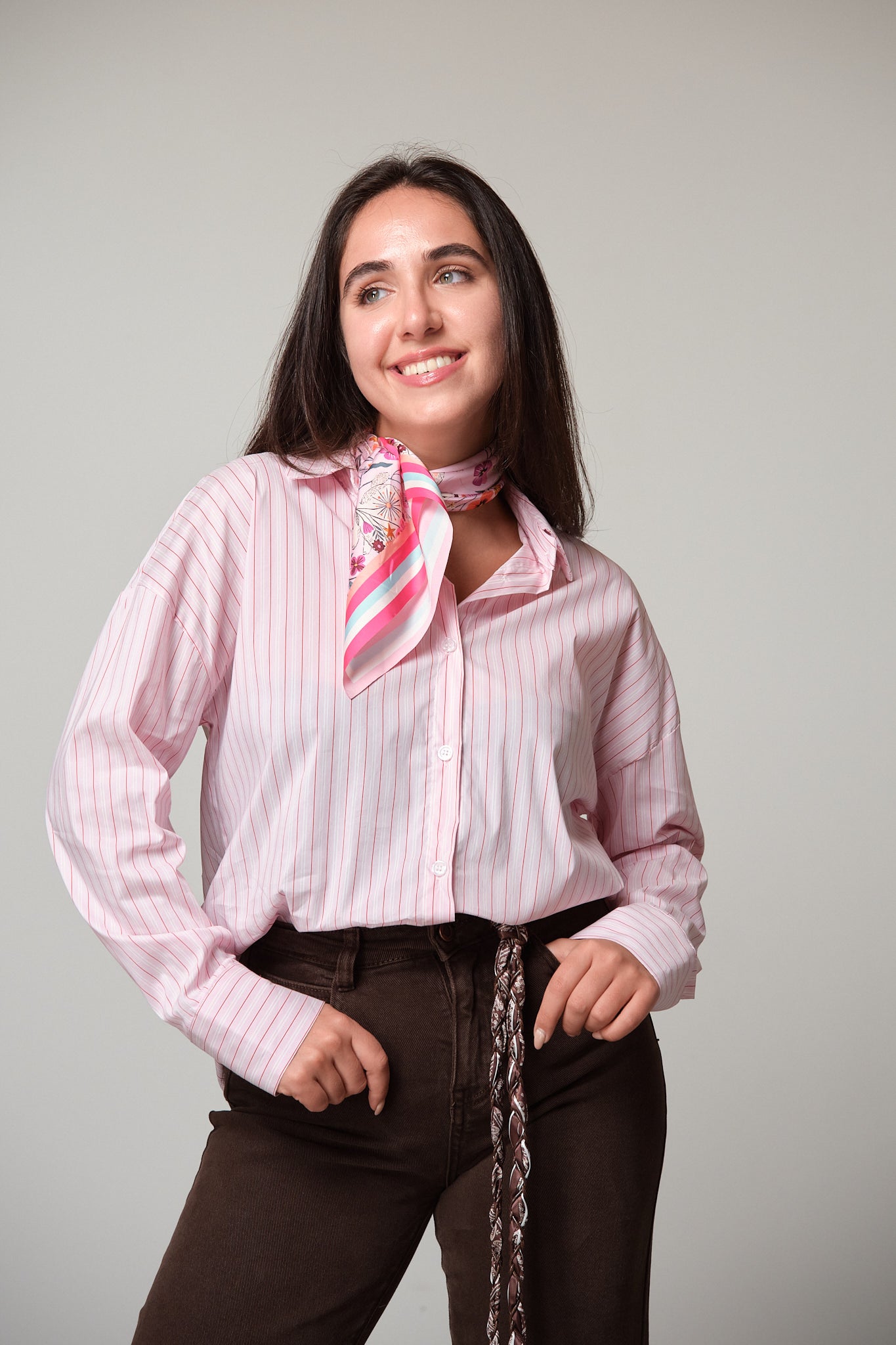 Pink Striped Shirt With Scarf