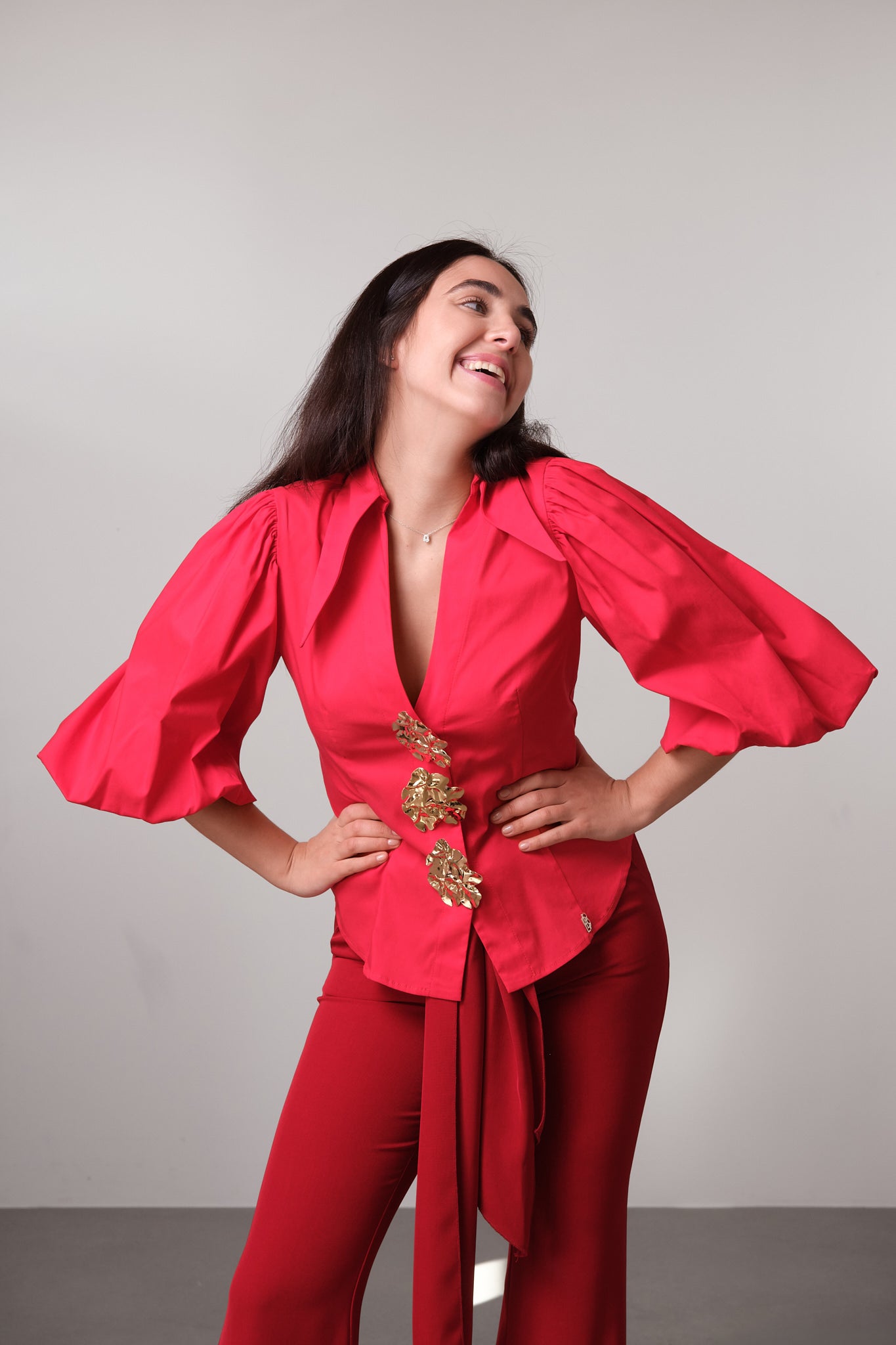 Red Gold-Button Statement Shirt