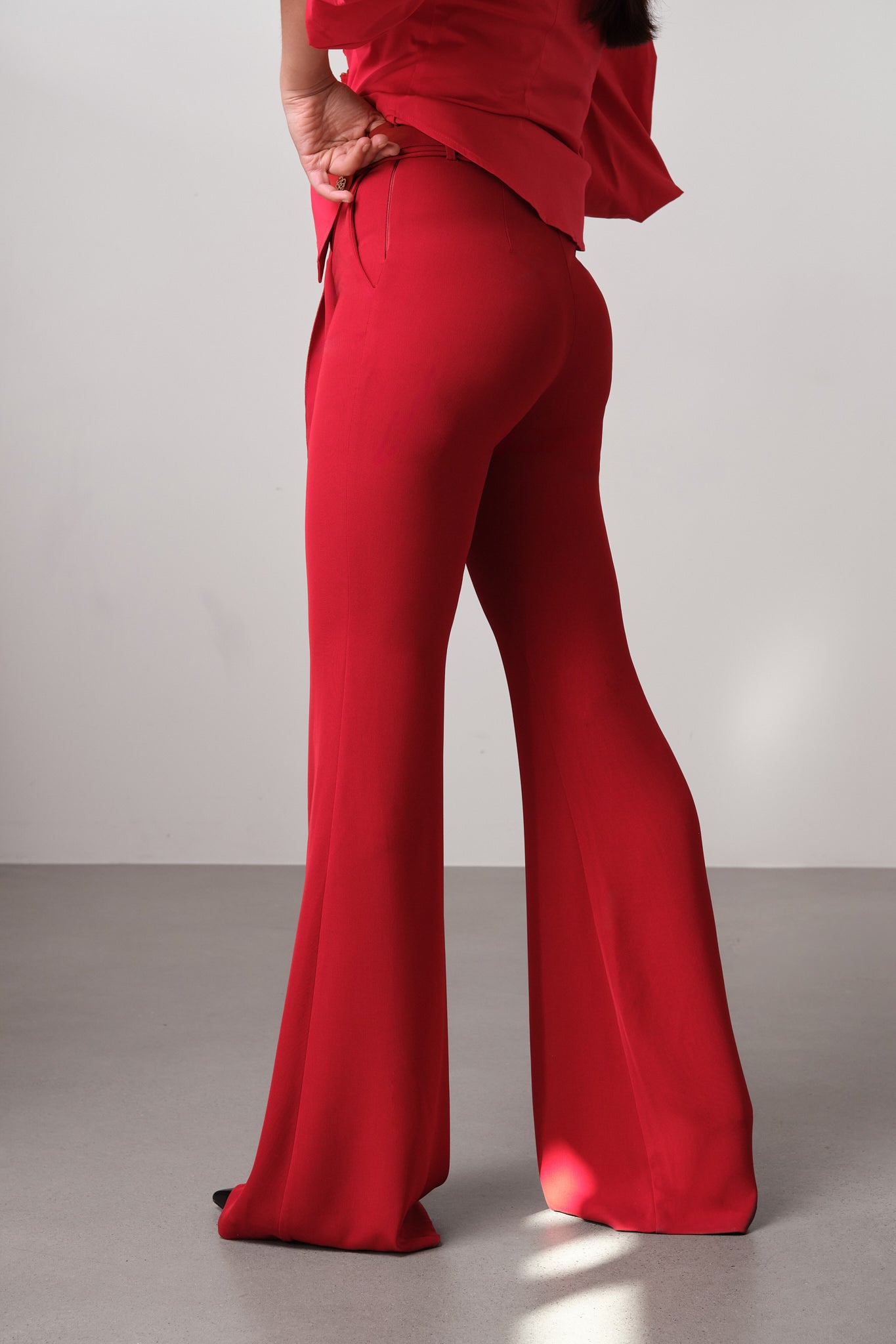 Red High-Waisted Flared Trousers