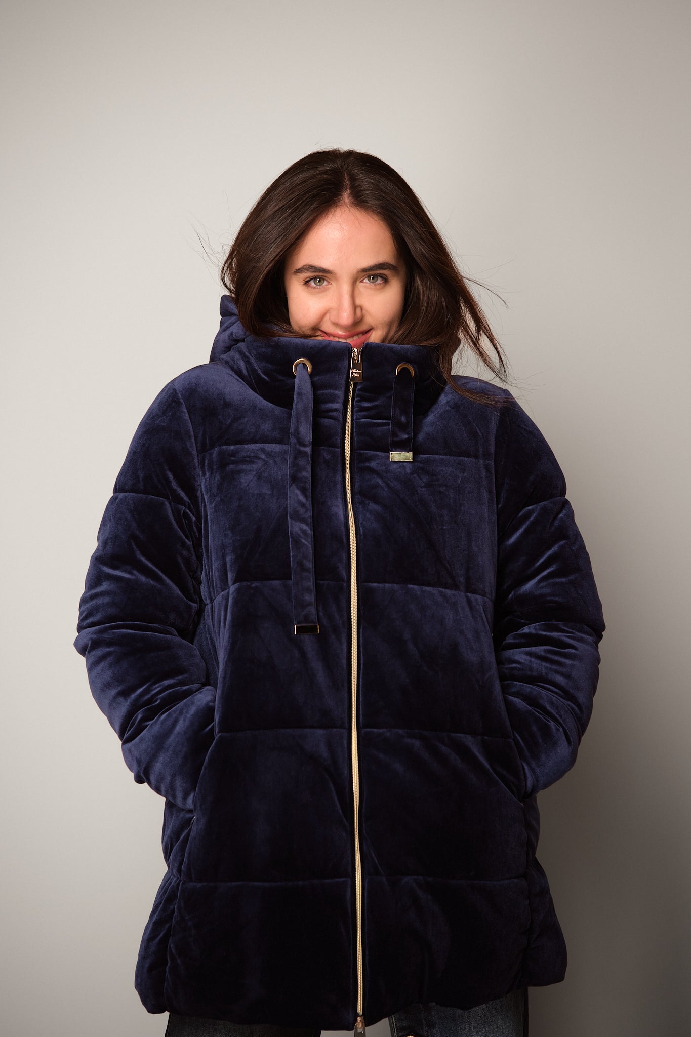 Dark Blue Velvet Puffer Jacket