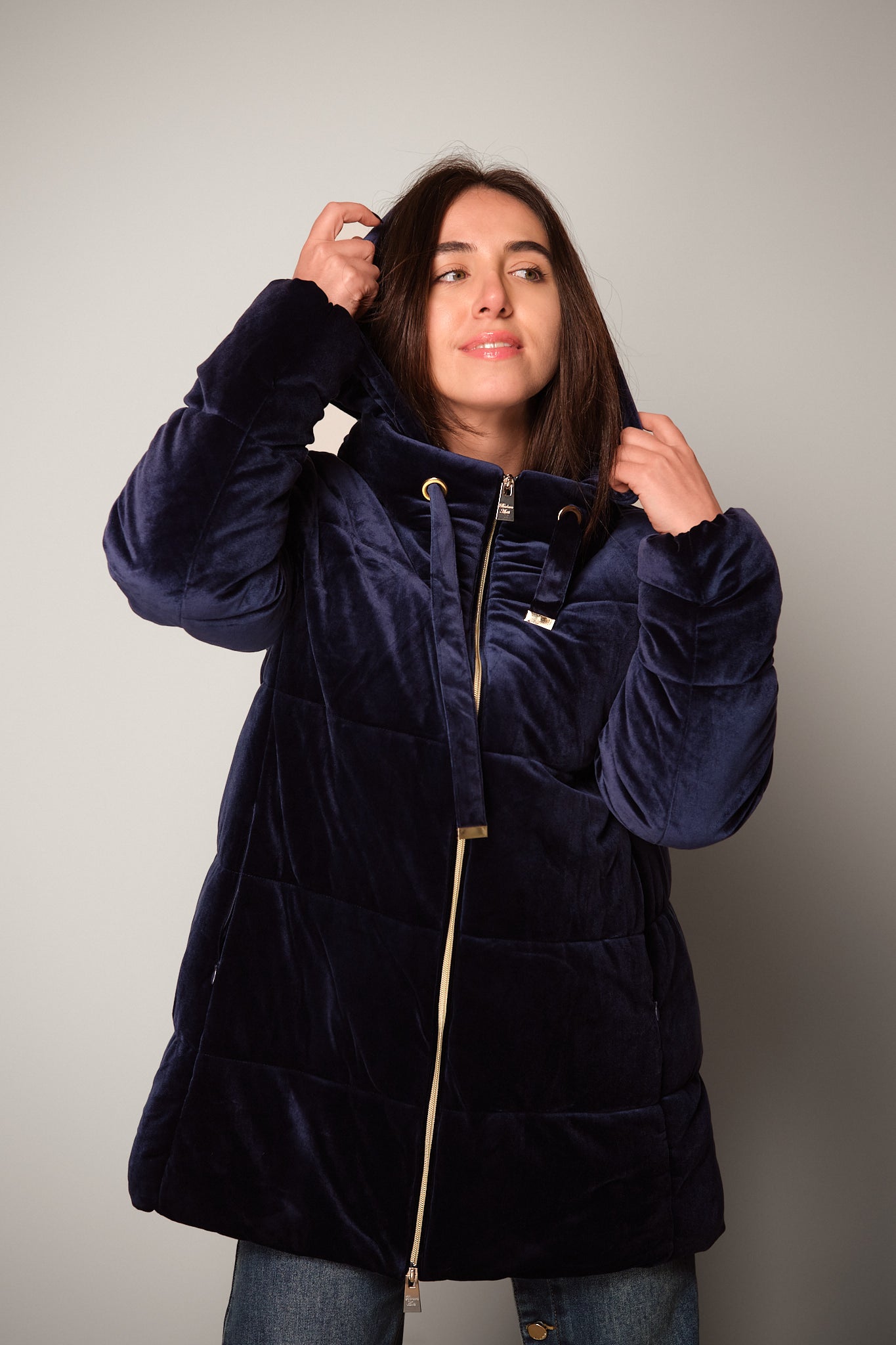 Dark Blue Velvet Puffer Jacket