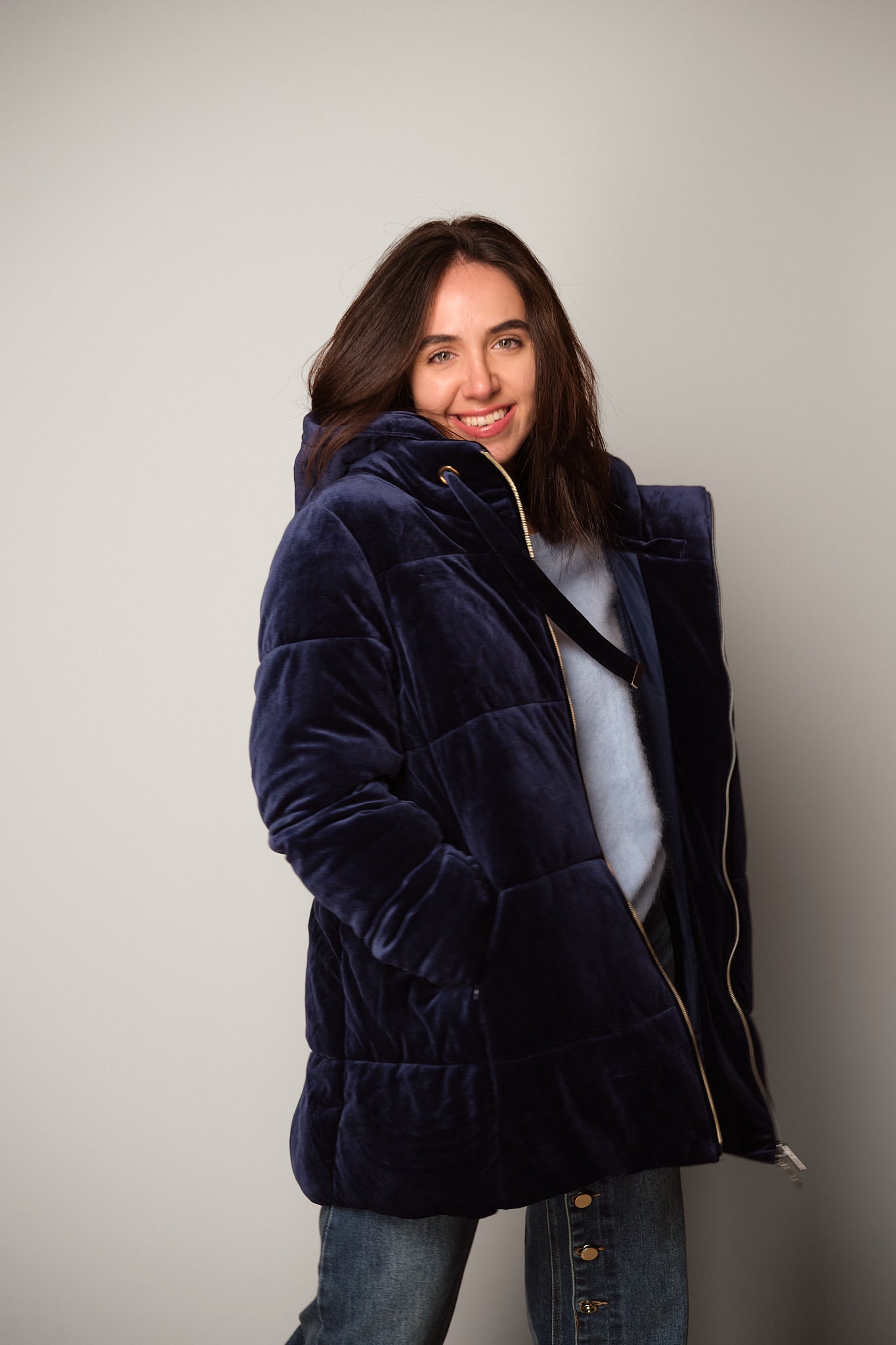 Dark Blue Velvet Puffer Jacket