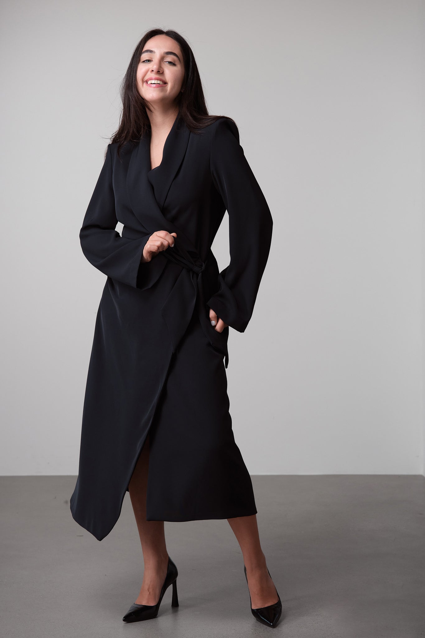 Black Wrap-Style Midi Dress