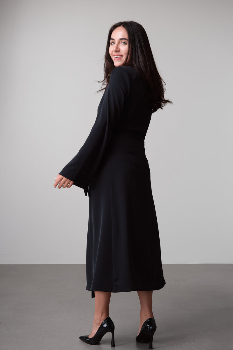 Black Wrap-Style Midi Dress