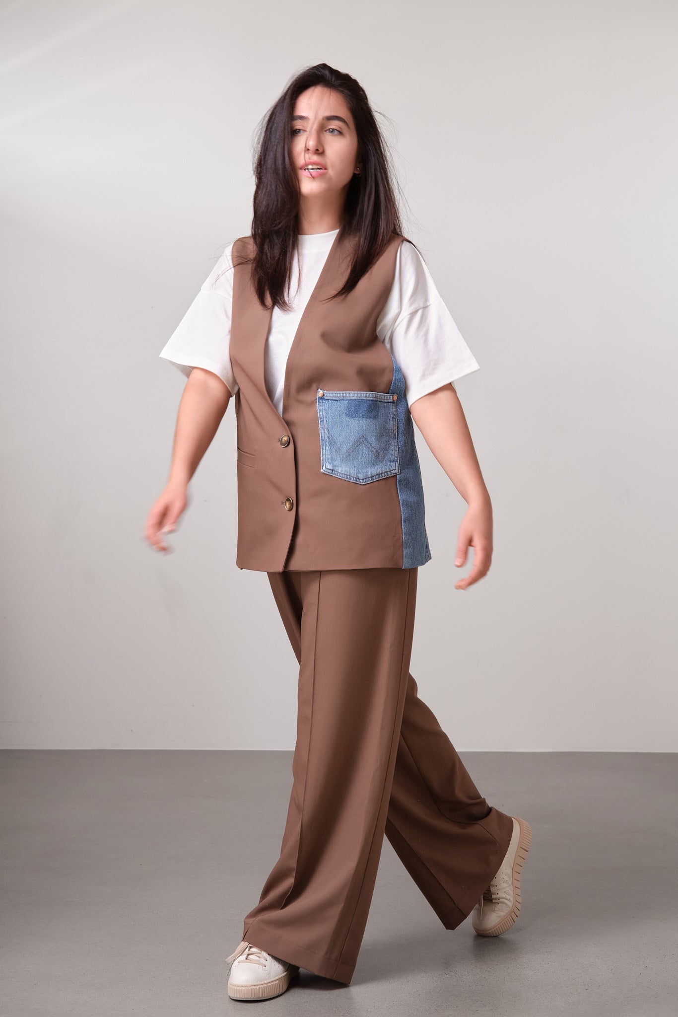 Brown Denim-Detail Wide-Leg Trousers