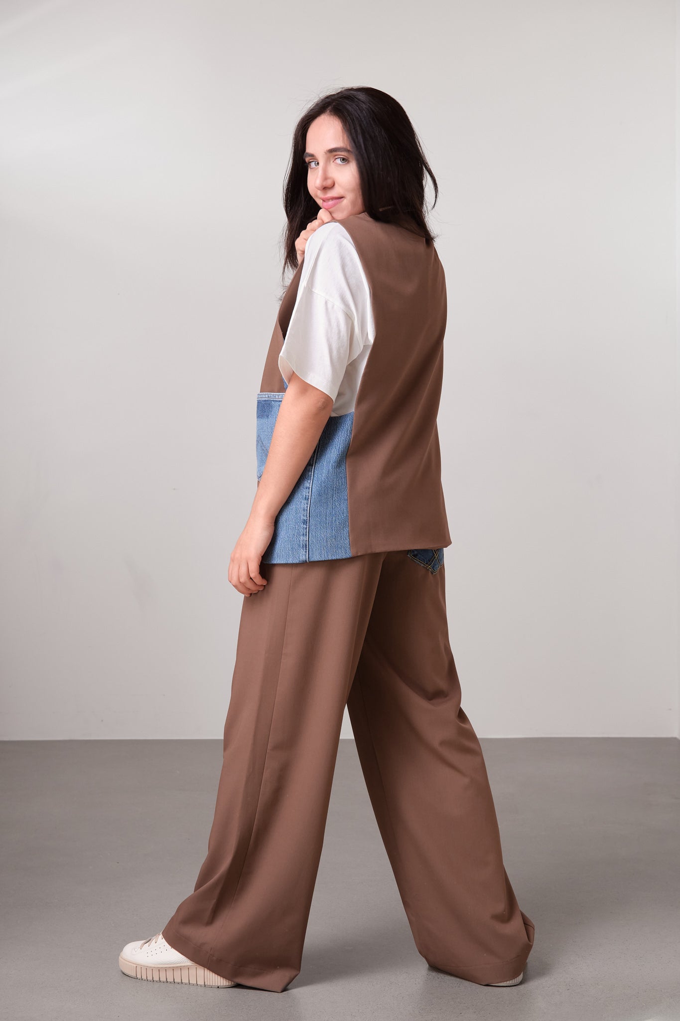 Brown Denim-Detail Wide-Leg Trousers