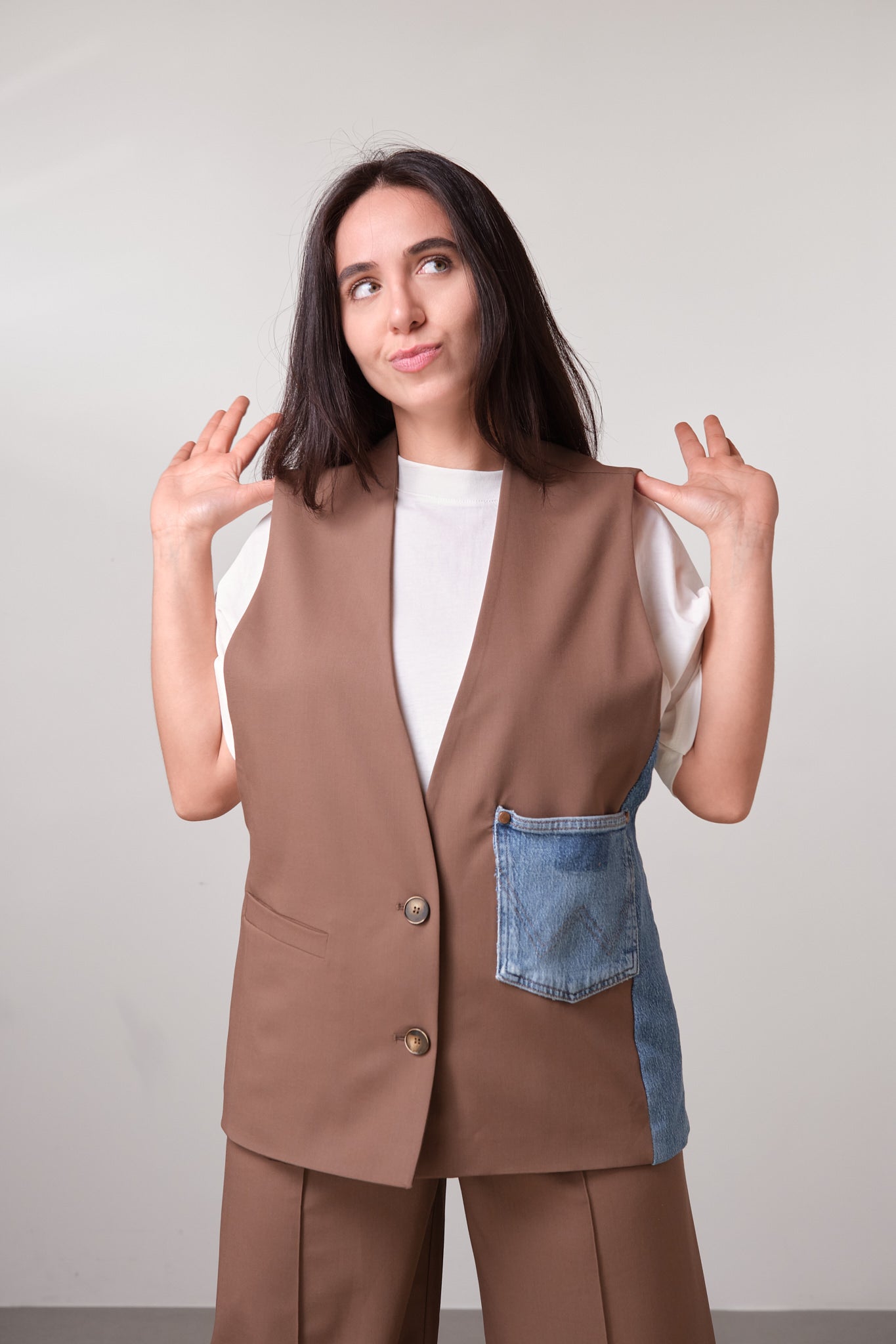 Brown Denim-Detail Gilet