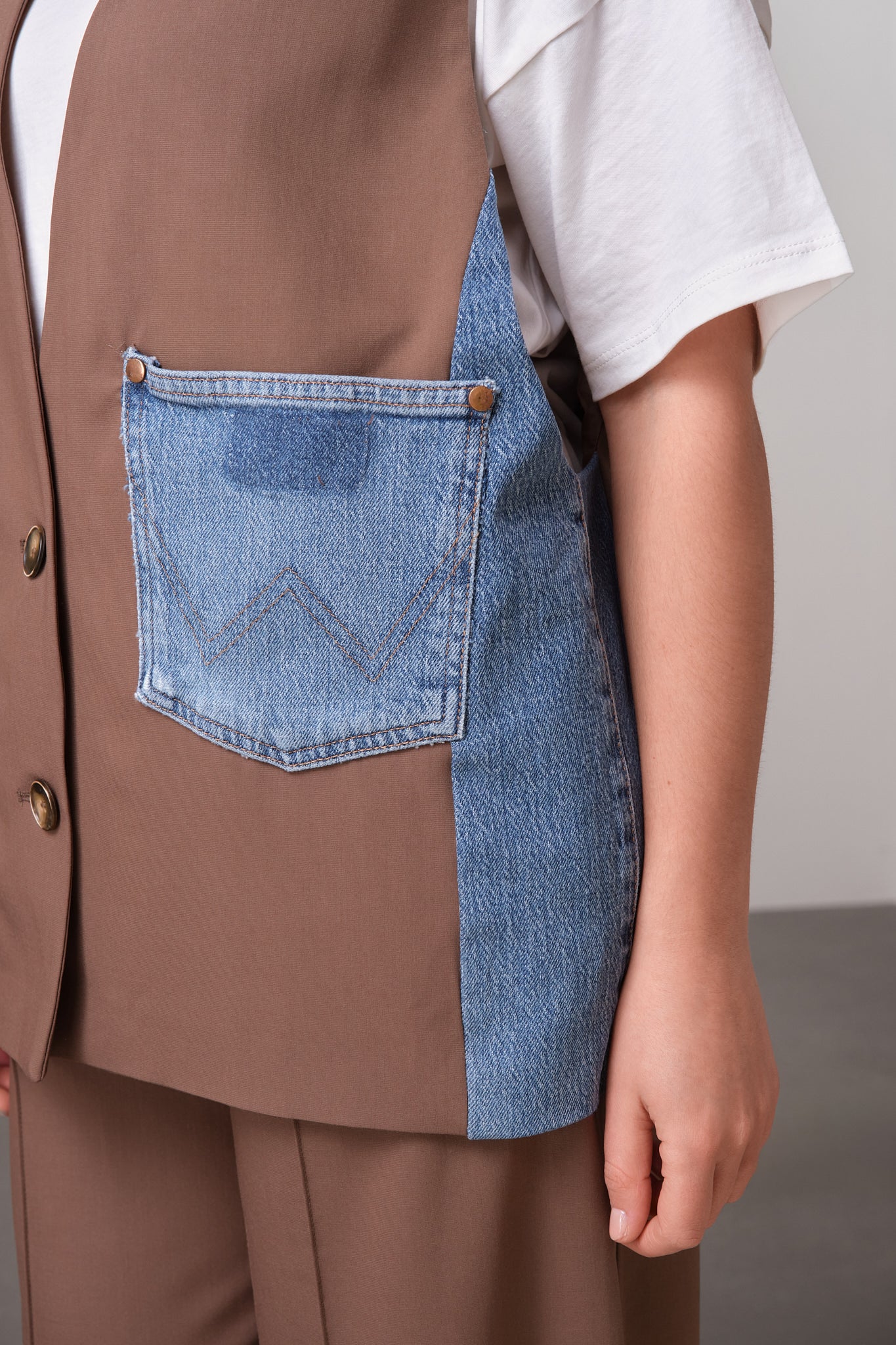 Brown Denim-Detail Gilet