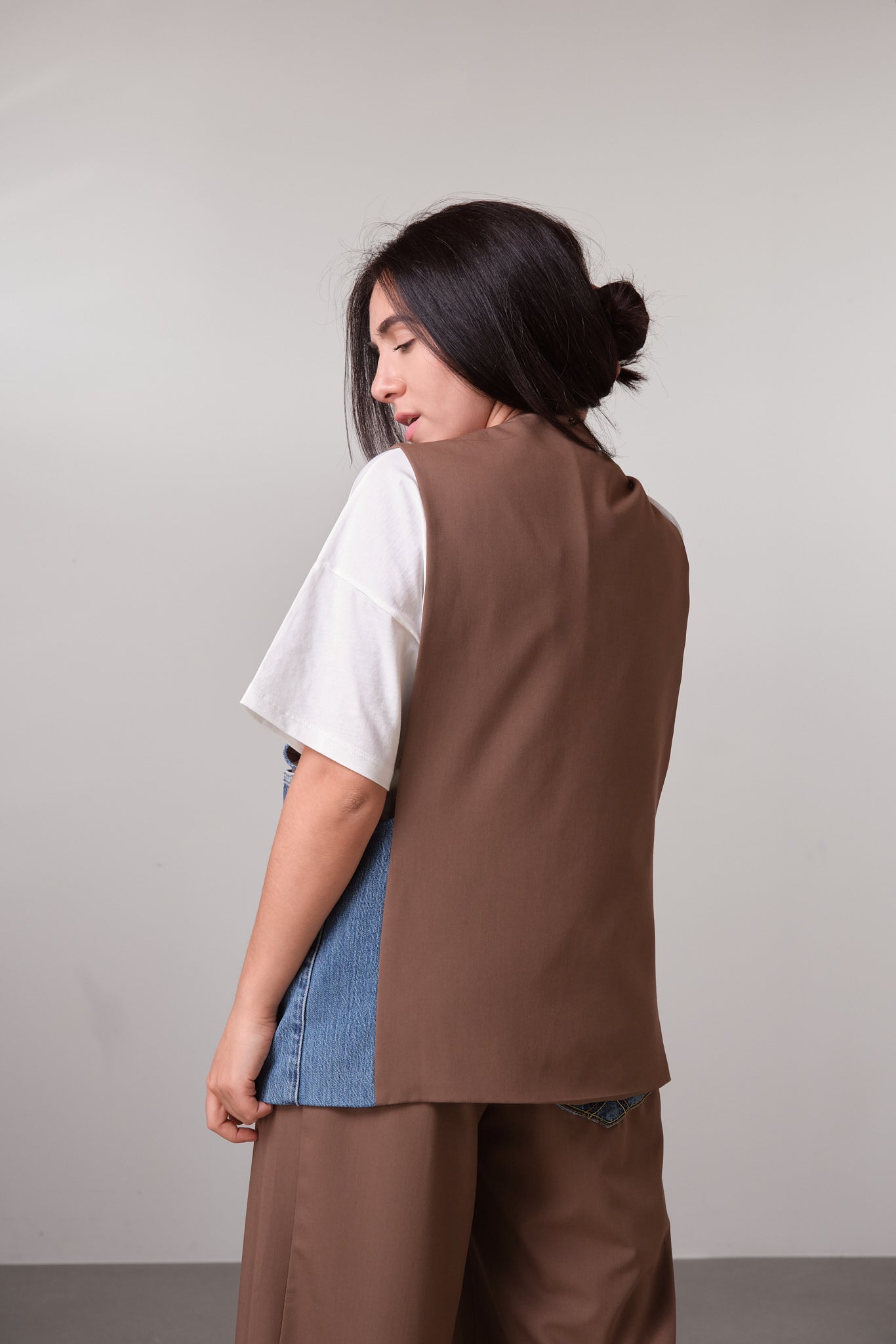 Brown Denim-Detail Gilet