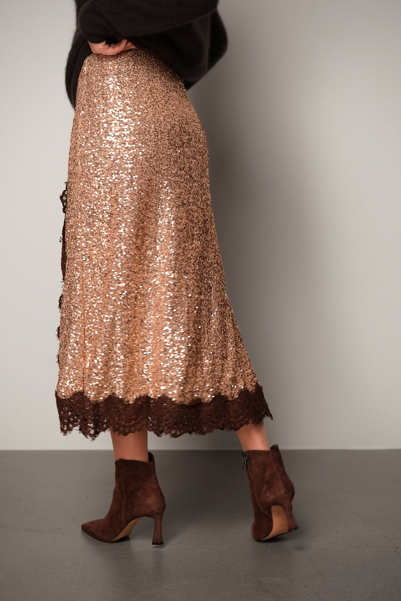Sequin Midi Skirt with Lace Trim