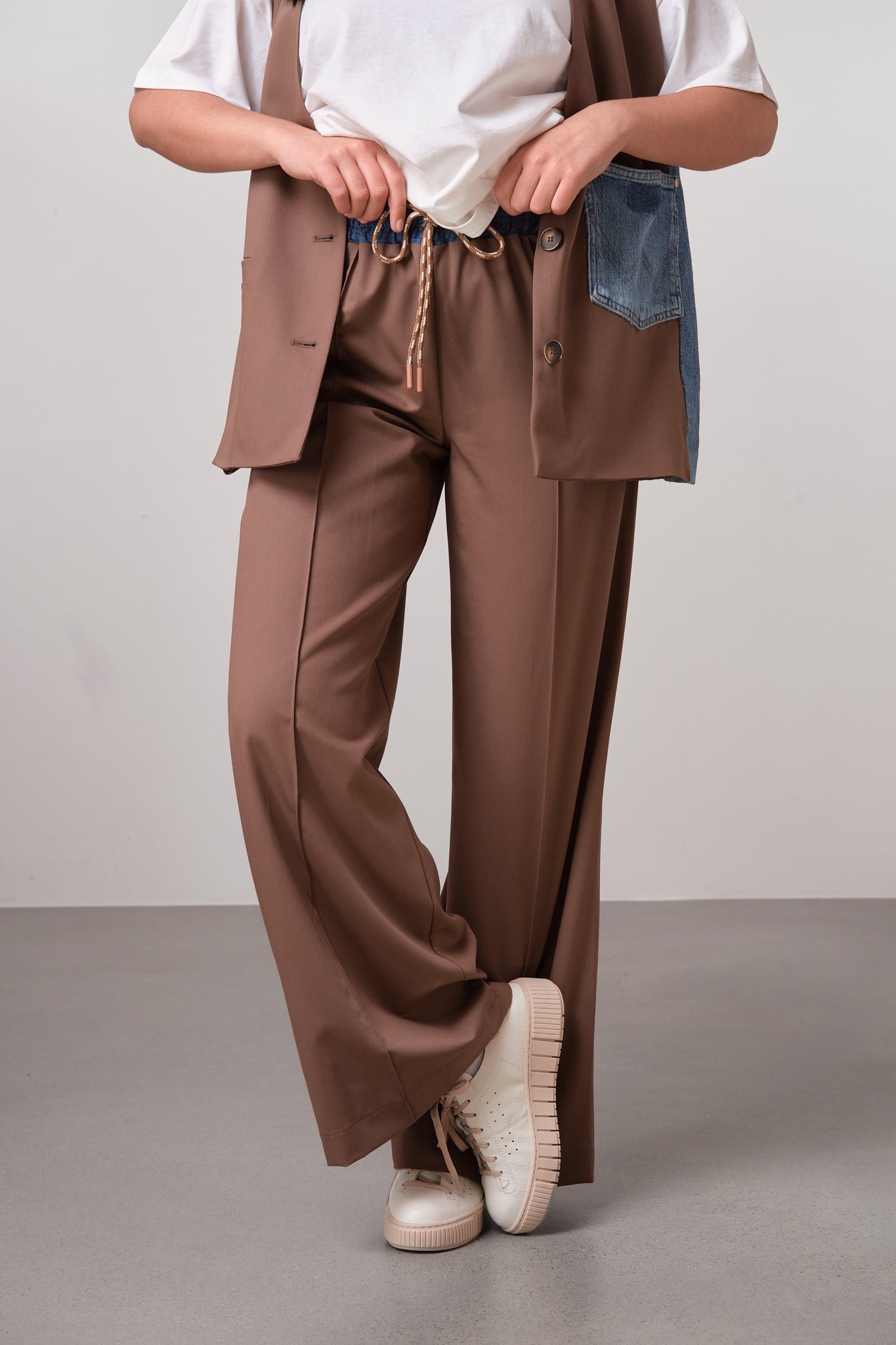 Brown Denim-Detail Wide-Leg Trousers