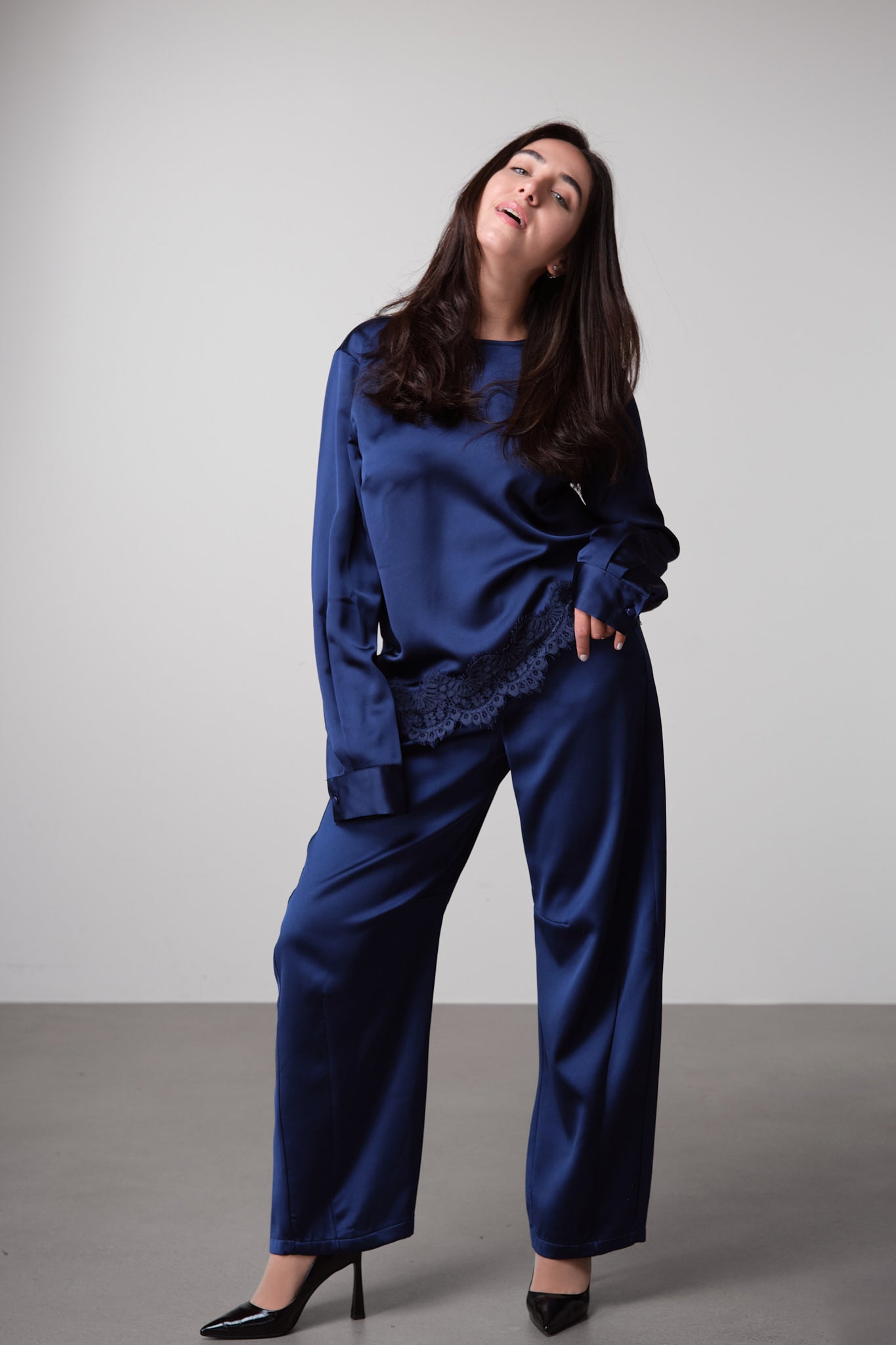 Midnight Blue Satin Barrel-Leg Trousers