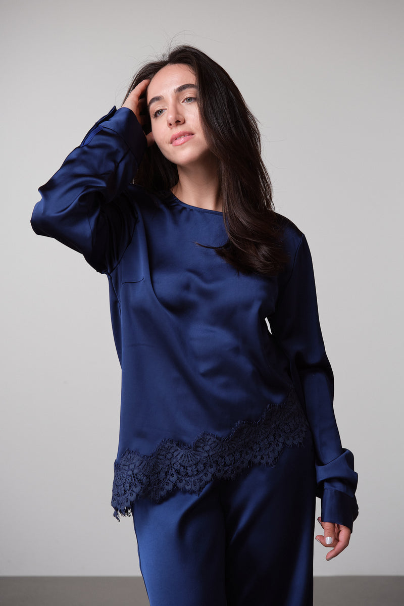 Midnight Blue Asymmetric Satin Blouse