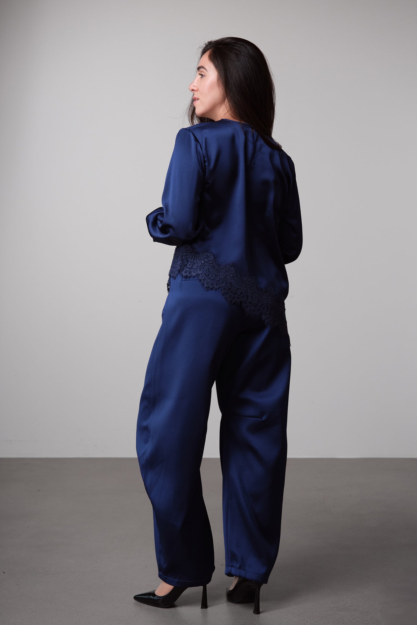 Midnight Blue Satin Barrel-Leg Trousers