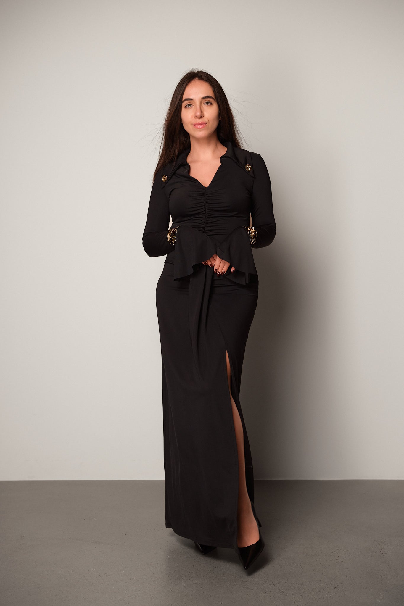 Ruched Long-Sleeve Maxi Dress