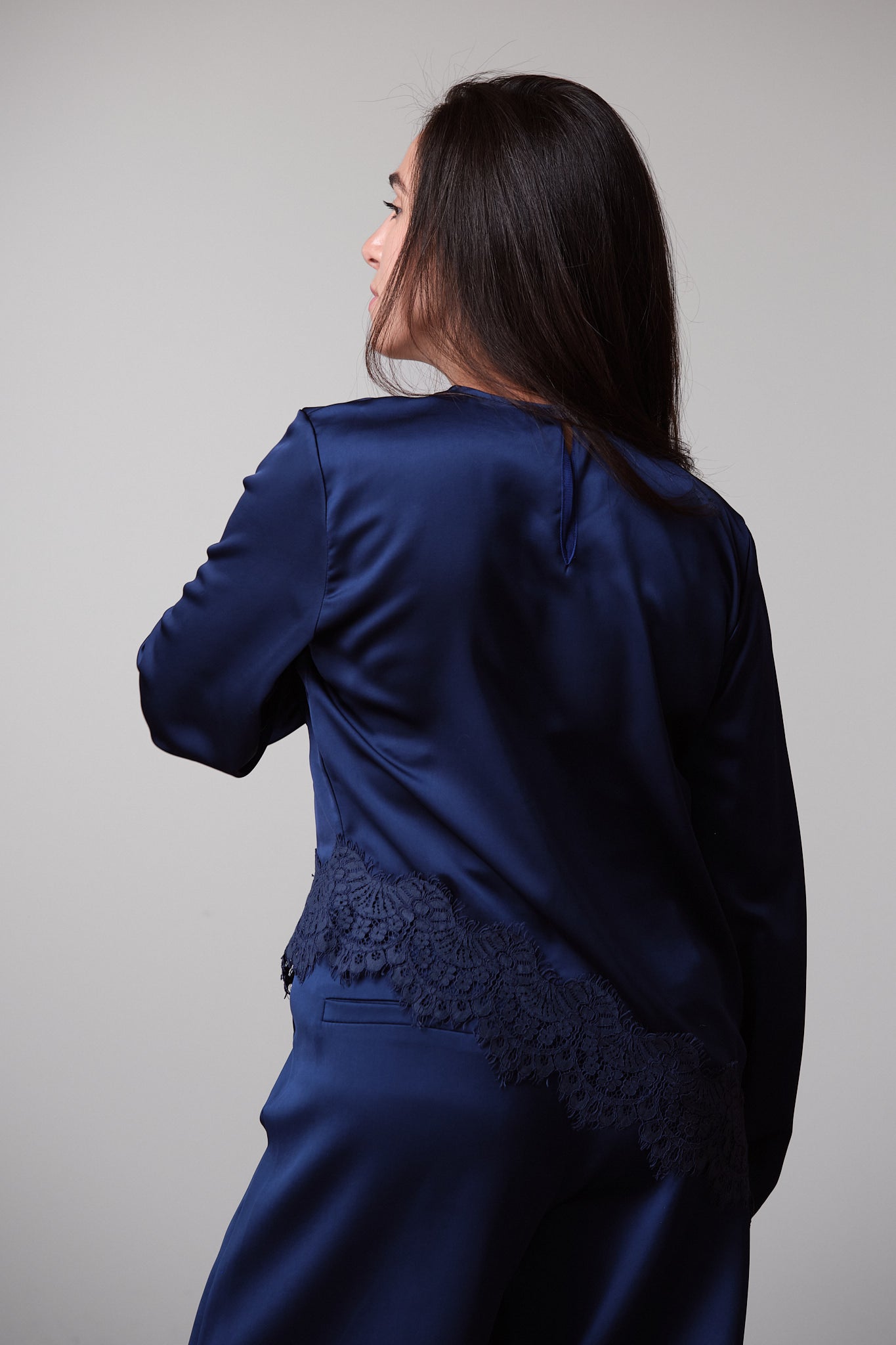 Midnight Blue Asymmetric Satin Blouse