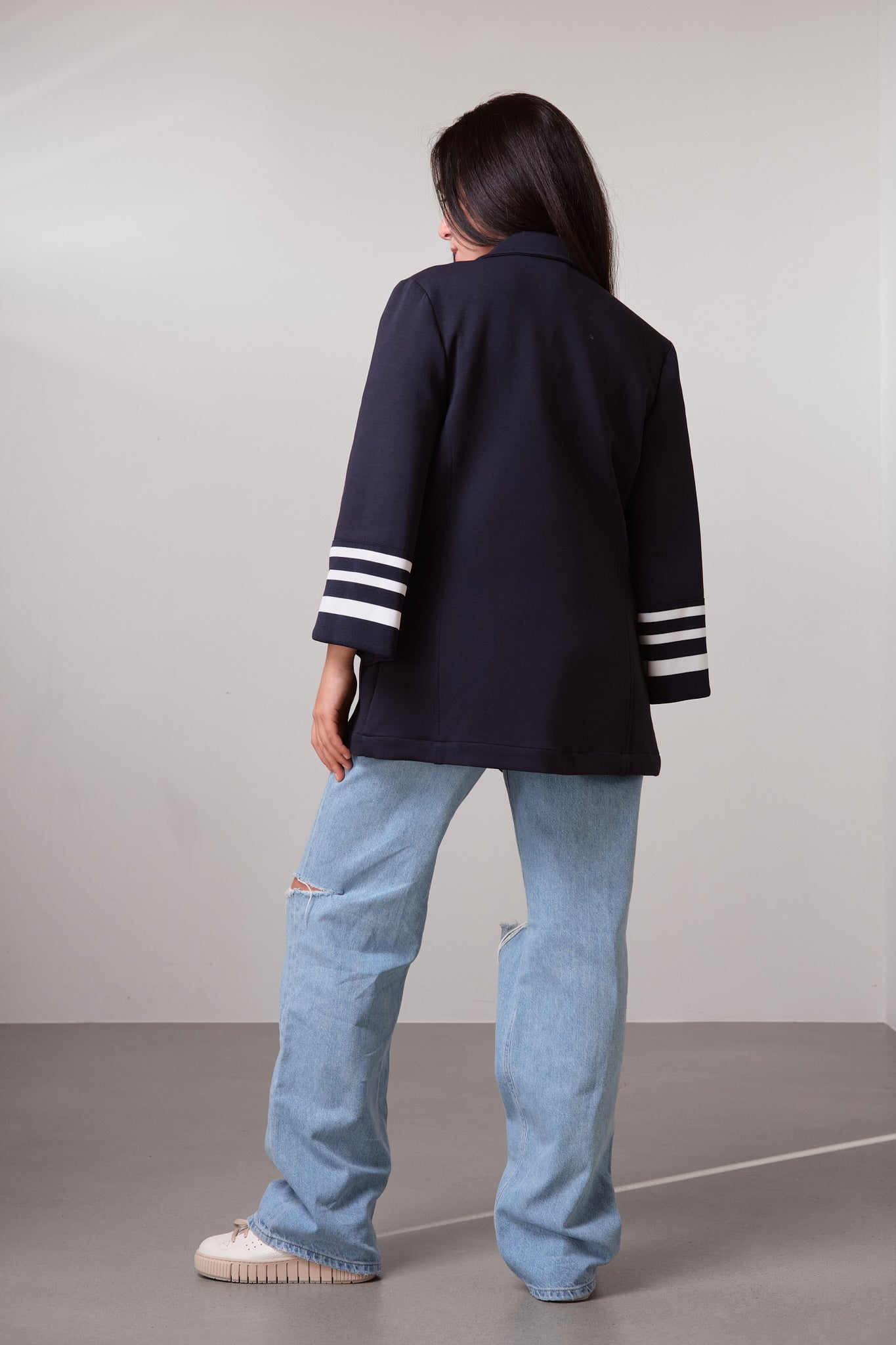 Navy Blazer with Striped Cuffs
