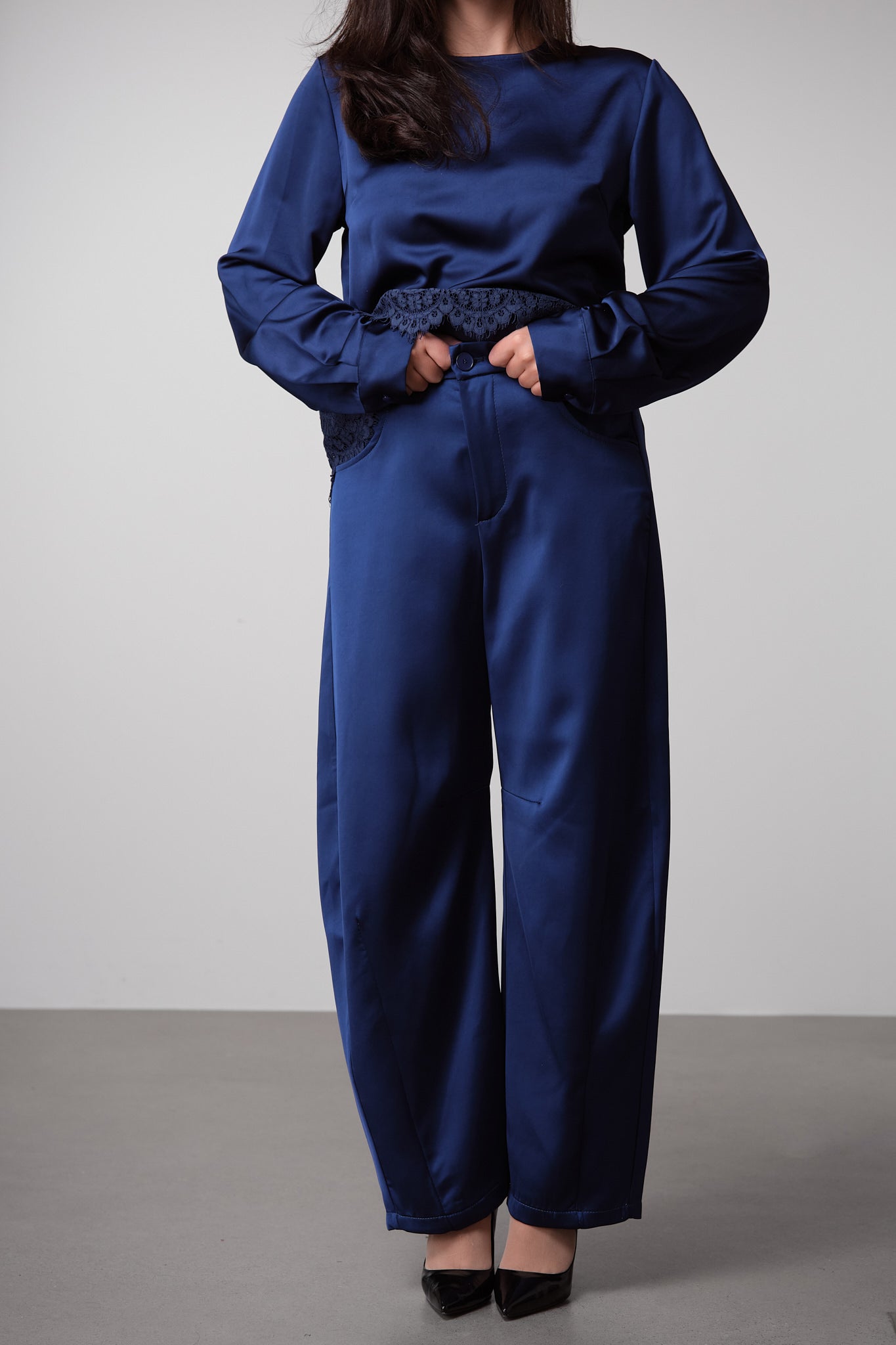 Midnight Blue Satin Barrel-Leg Trousers