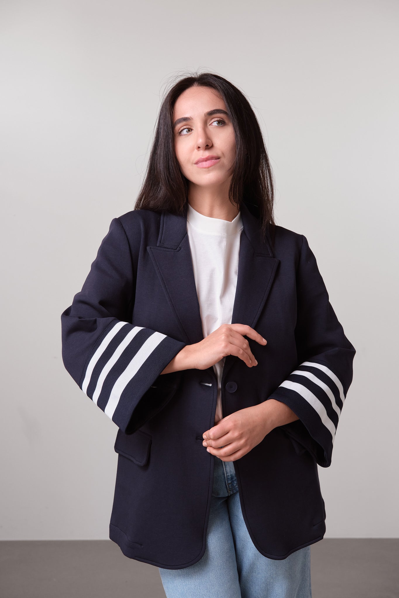 Navy Blazer with Striped Cuffs