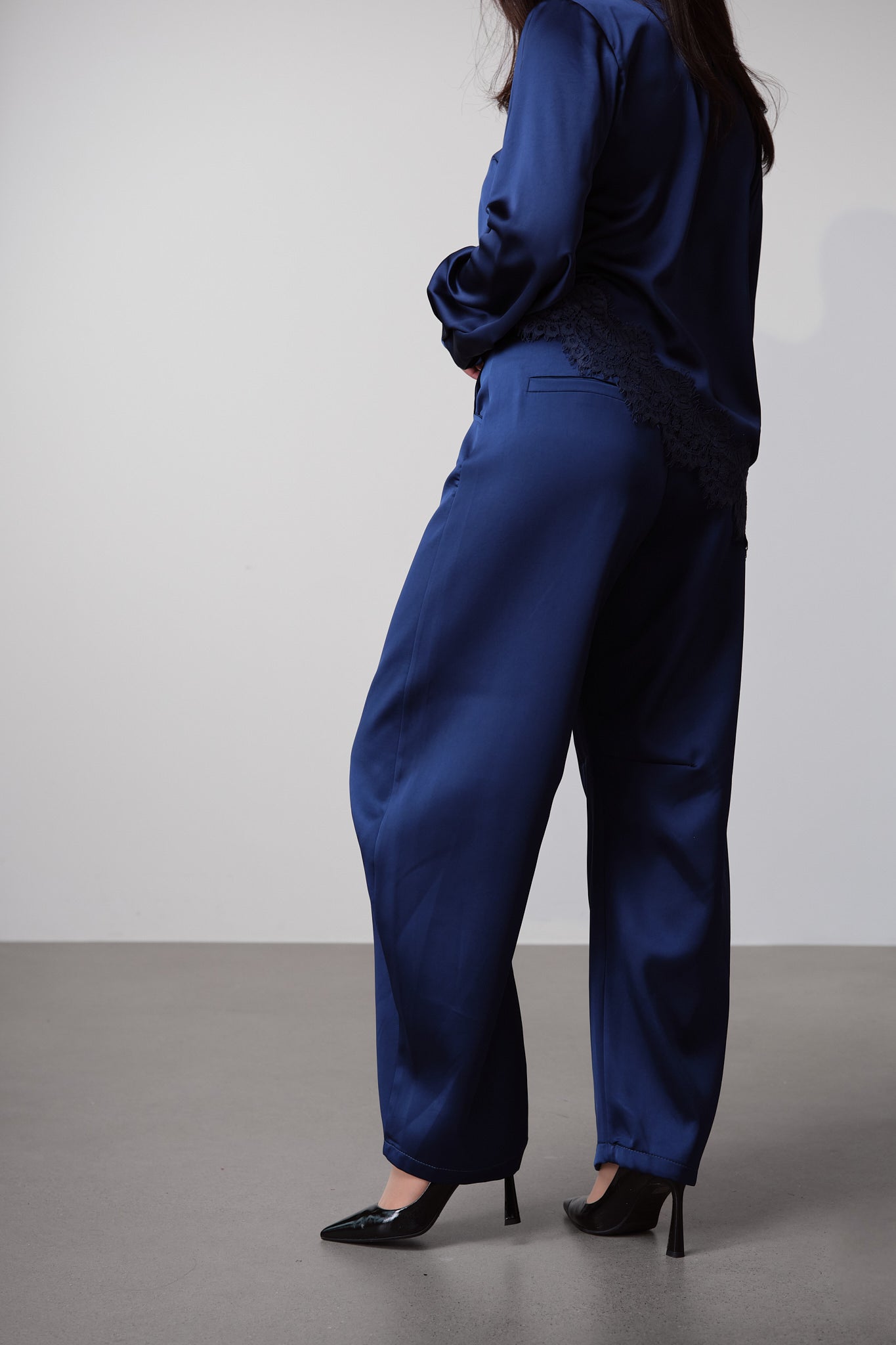 Midnight Blue Satin Barrel-Leg Trousers